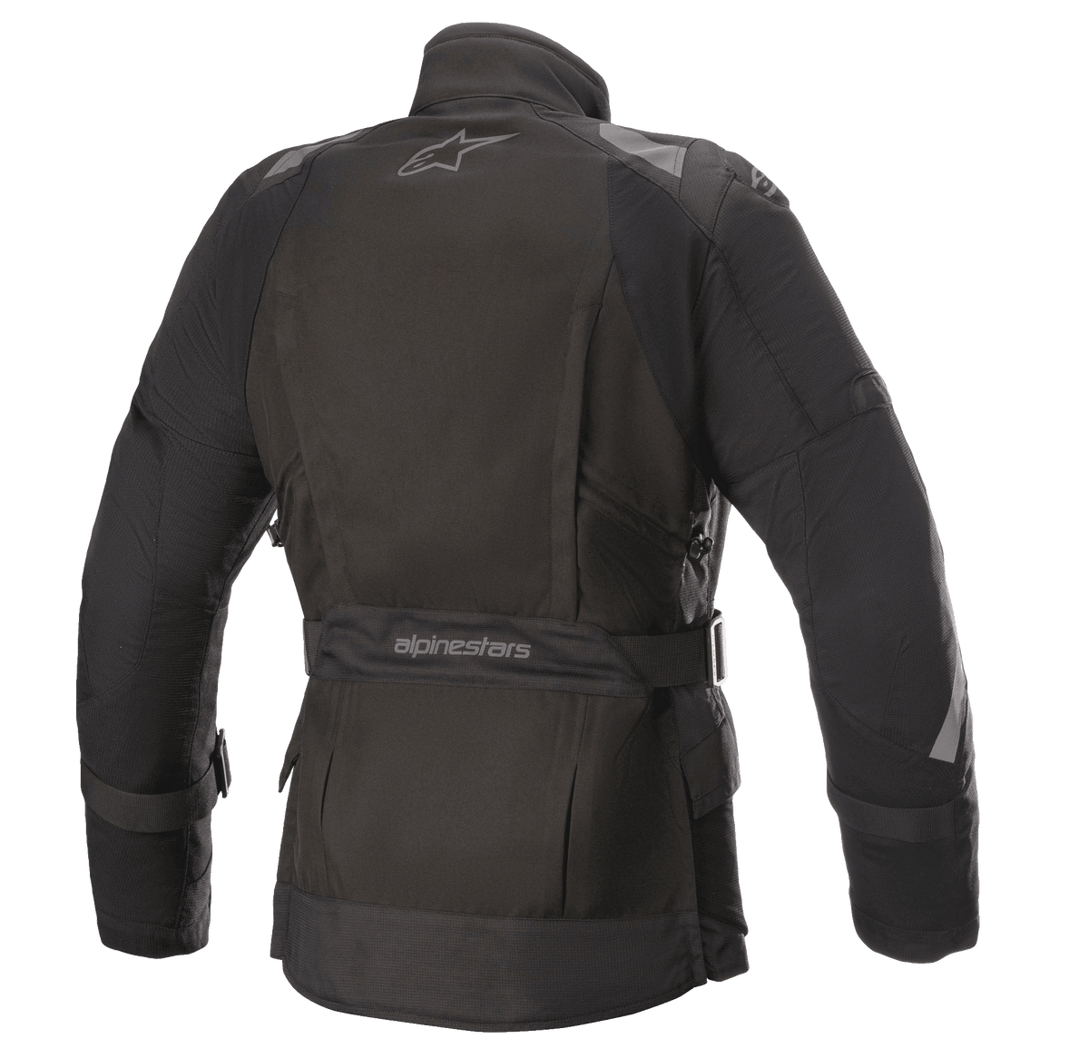 Alpinestars Women Stella Ketchum GORE-TEX Jacket, Textile Motorcycle Jacket, Black, back view featuring the Alpinestars logo, adjustable waist strap with branding, and reflective shoulder and sleeve panels for rider visibility.