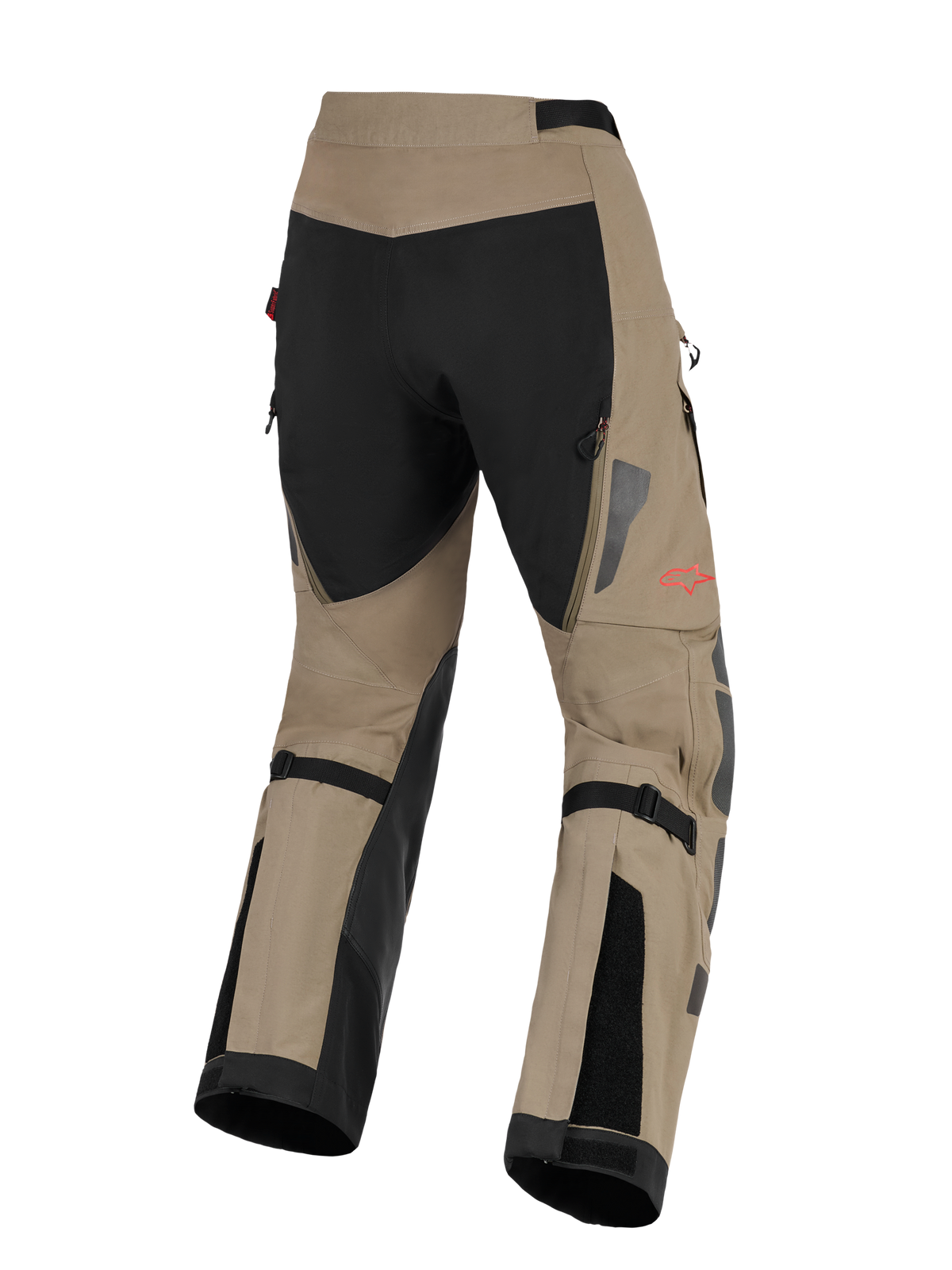 Alpinestars Nazca 3L GORE-TEX PRO Hose, Adventure-Motorradhose, Walnussbraun und Schwarz, Rückansicht mit schwarzem Gesäßbereich und walnussbraunen Hosenbeinen, rotes Stern-Logo an der Seite, schwarze Wadenverstellriemen und reflektierende silberne Details