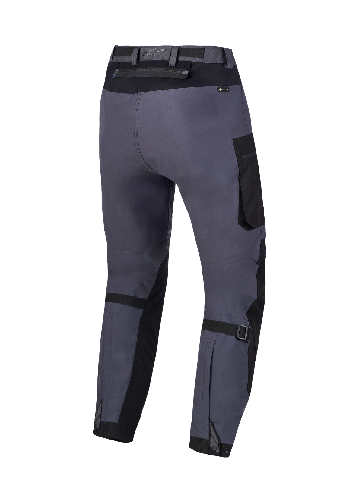 Alpinestars Arenis Gore-Tex Hose, Adventure-Motorradtourenhose, Schwarz und Dunkelgrau, Rückansicht mit wasserdichter Konstruktion und Wadenweitenverstellung