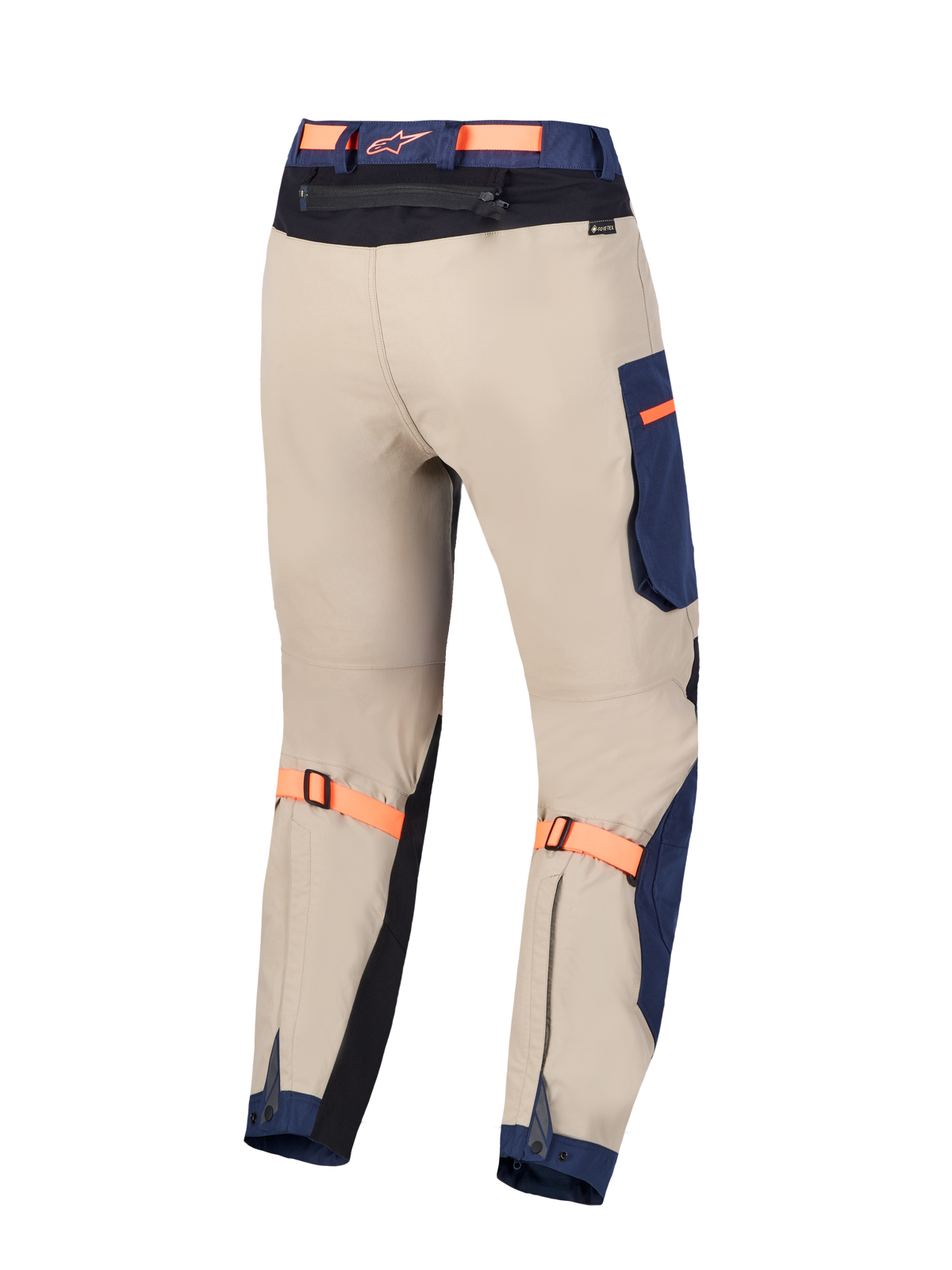 Alpinestars Arenis Gore-Tex Hose, Adventure-Motorradtourenhose, Rückansicht in Blau und Beige, wasserdichte 2L GORE-TEX-Konstruktion, CE-zertifiziert