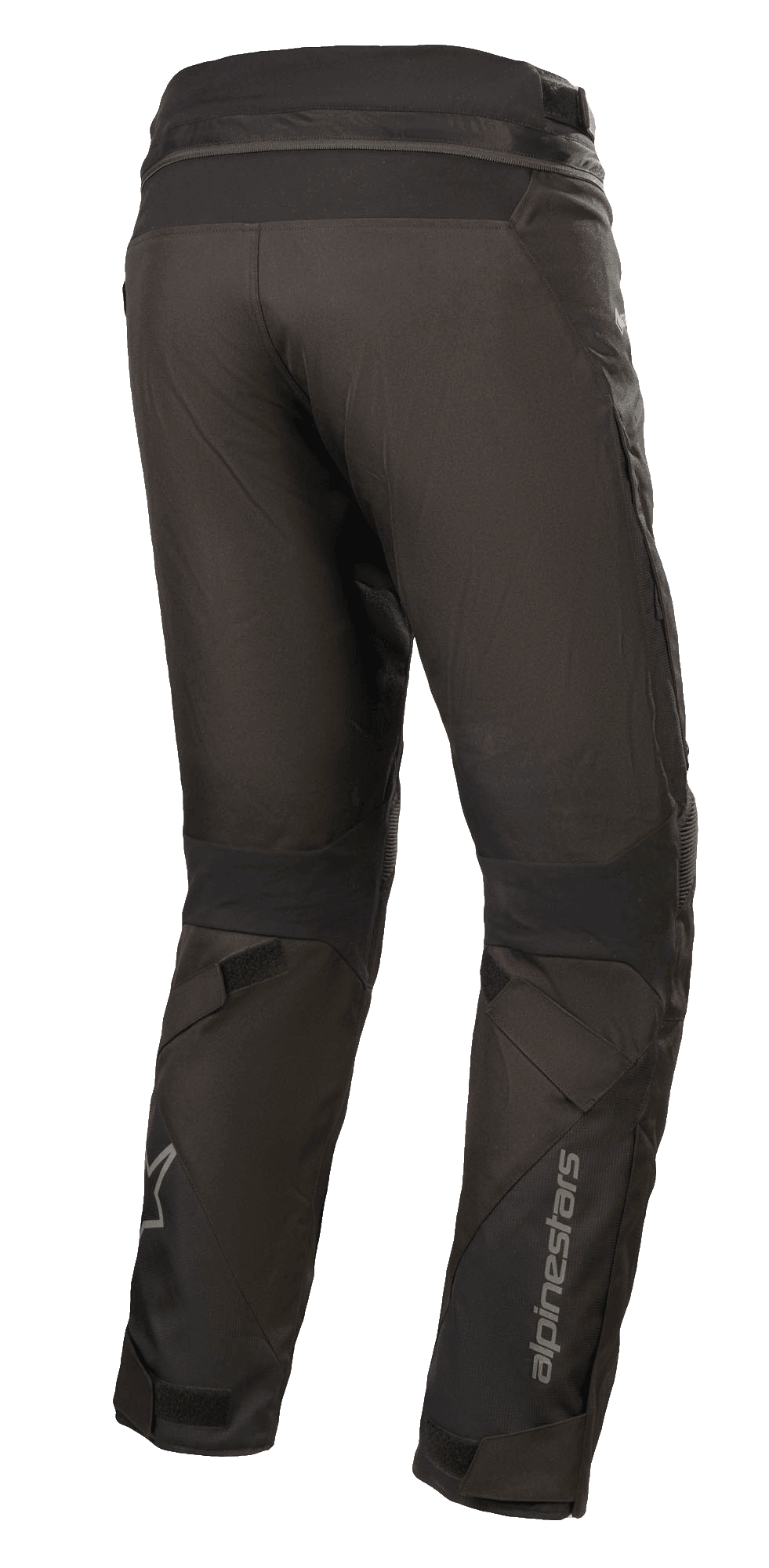 Alpinestars Road Pro GORE-TEX Hose, Schwarze Motorradhose, Rückansicht mit konisch zulaufender Touring-Passform, technische Textilkonstruktion, Alpinestars-Branding am Unterschenkel, Akkordeon-Stretcheinsätze und verstellbare Riemen für Adventure-Touring.