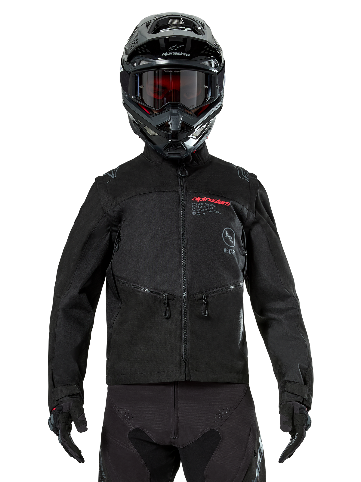Alpinestars Pro-Dura Jacket, Black Off-road Motorcycle Jacket, front view worn by a rider with a matching black helmet and goggles, featuring red Alpinestars branding, zippered chest pockets, and durable textile construction for enduro riding.