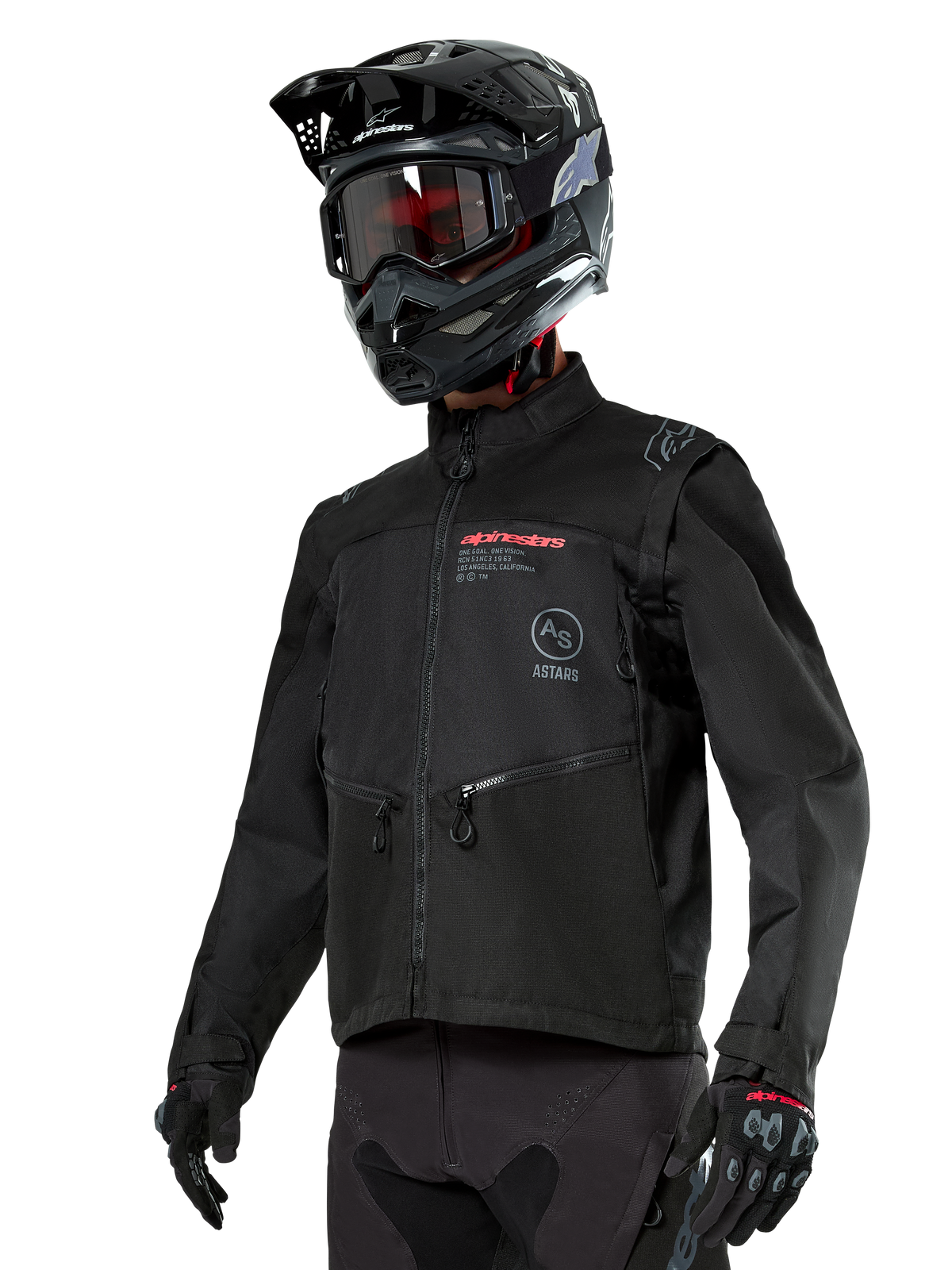 Alpinestars Pro-Dura Jacket, Off-Road Motorcycle Jacket, Black with red and grey branding, features zippered front pockets and high collar, worn with a black motocross helmet and gloves for enduro racing