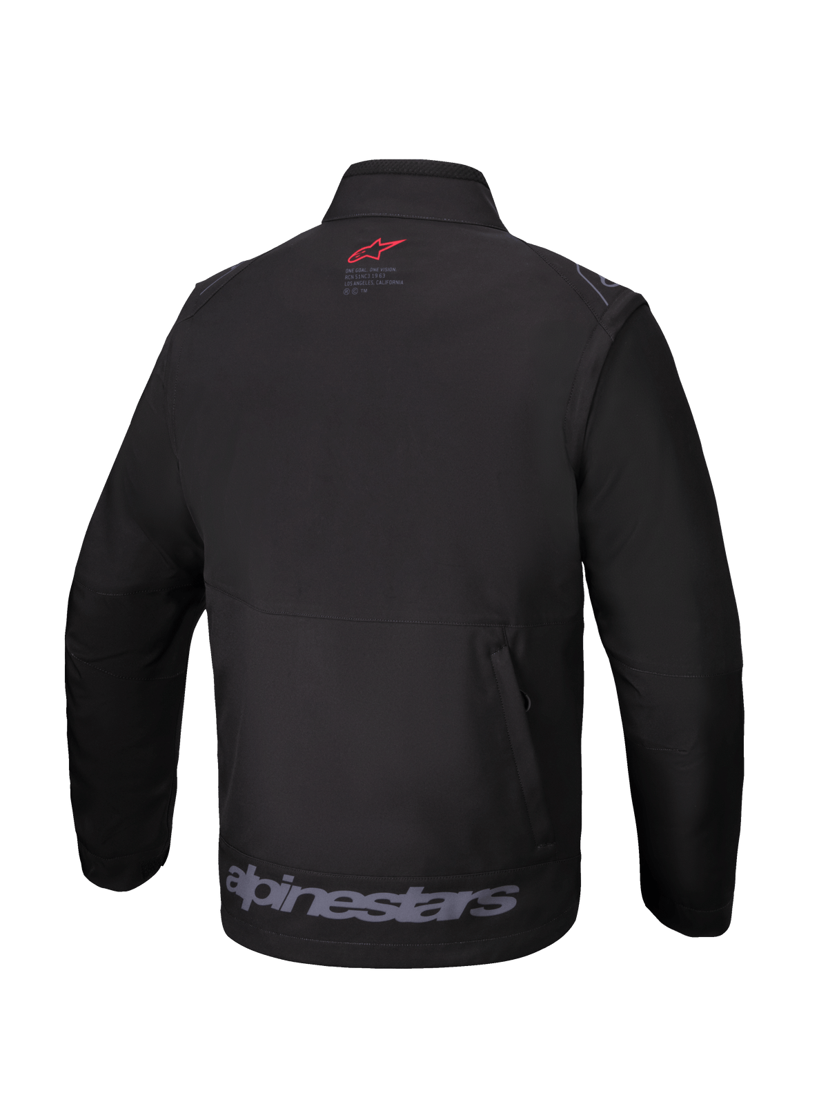 Alpinestars Lite-Dura Softshell-Jacke, Schwarz, Rückansicht, kleines rotes Logo im Nacken, großer grauer Alpinestars-Schriftzug am unteren Saum, vertikale Reißverschlusstasche auf der Rückseite, technische Offroad-Ausrüstung für Enduro und Motocross