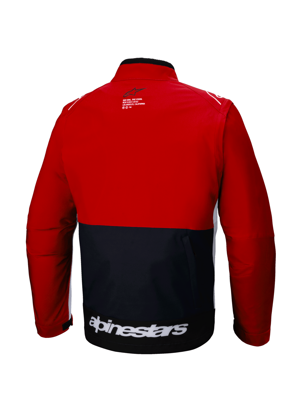 Alpinestars Lite-Dura Softshell-Jacke, Rückansicht, Off-Road-Enduro-Jacke, Schwarz und leuchtendes Rot mit weißen Akzenten, markanter weißer Alpinestars-Schriftzug am unteren Rücken, Color-Block-Design, funktionale Rückentasche, modulare Softshell für Motocross und Trailfahrten