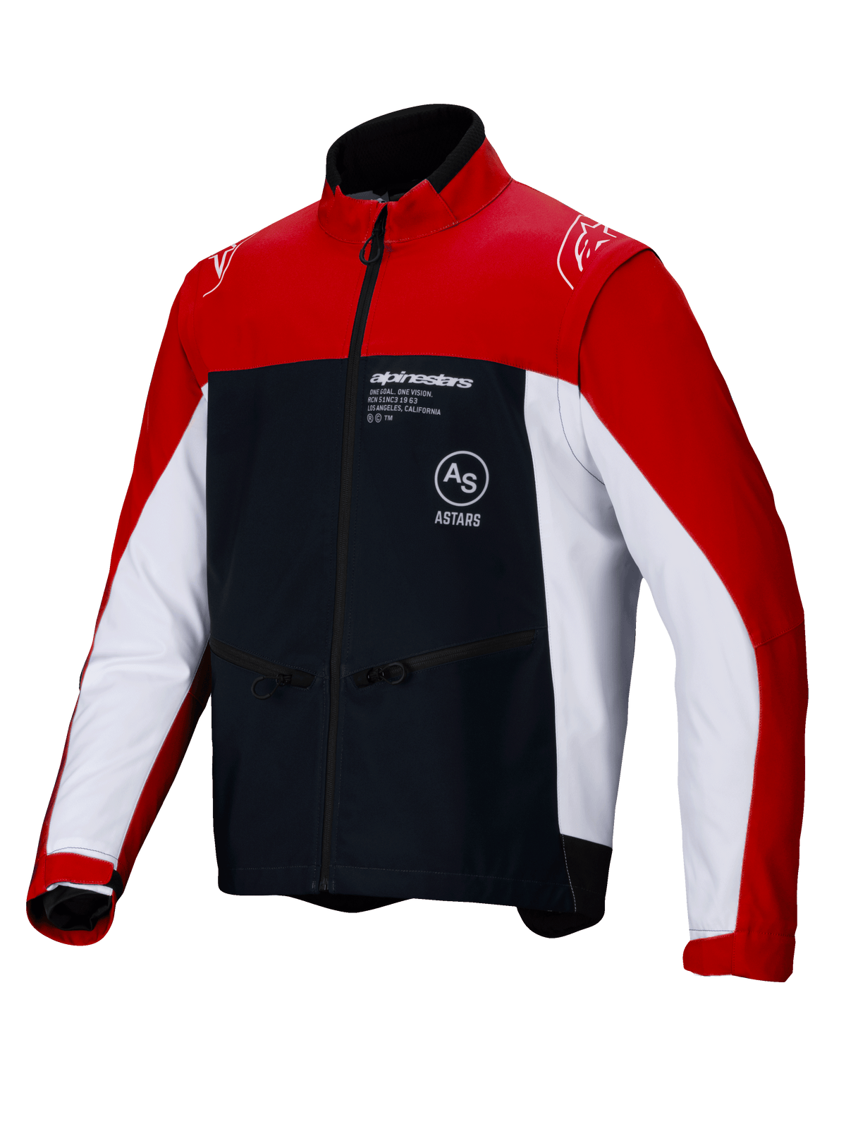 Alpinestars Lite-Dura Softshell-Jacke, Offroad-Enduro-Motorradjacke, Schwarz, Leuchtendes Rot und Weiß, mit Color-Block-Design, roten Schultern und Außenärmeln, weißen Seiteneinsätzen, schwarzer Brust mit Alpinestars-Branding, Reißverschlusstaschen und Stehkragen-Design