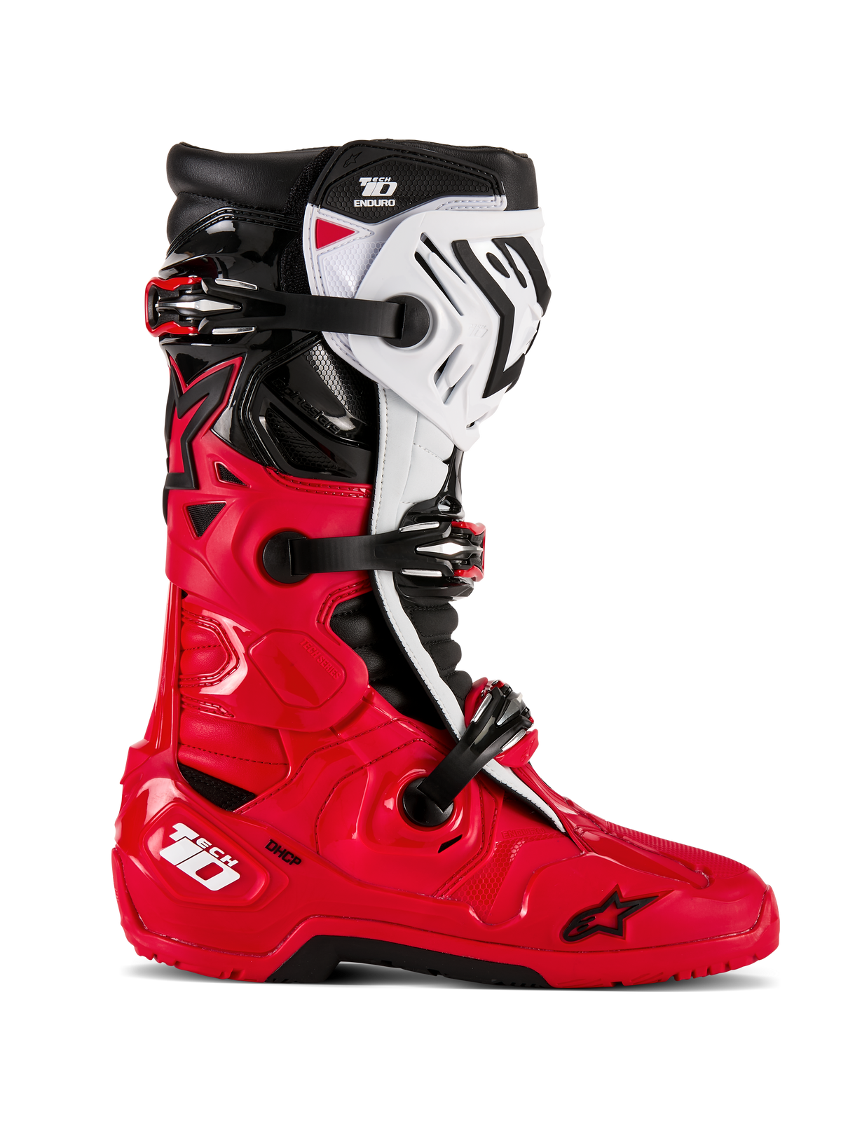Alpinestars Tech 10 Enduro Boots, Motocross Off-Road Boots, Bright Red Black and White, side profile view, triple buckle closure system, robust protective panels, specialized enduro grip sole, Astars logo branding