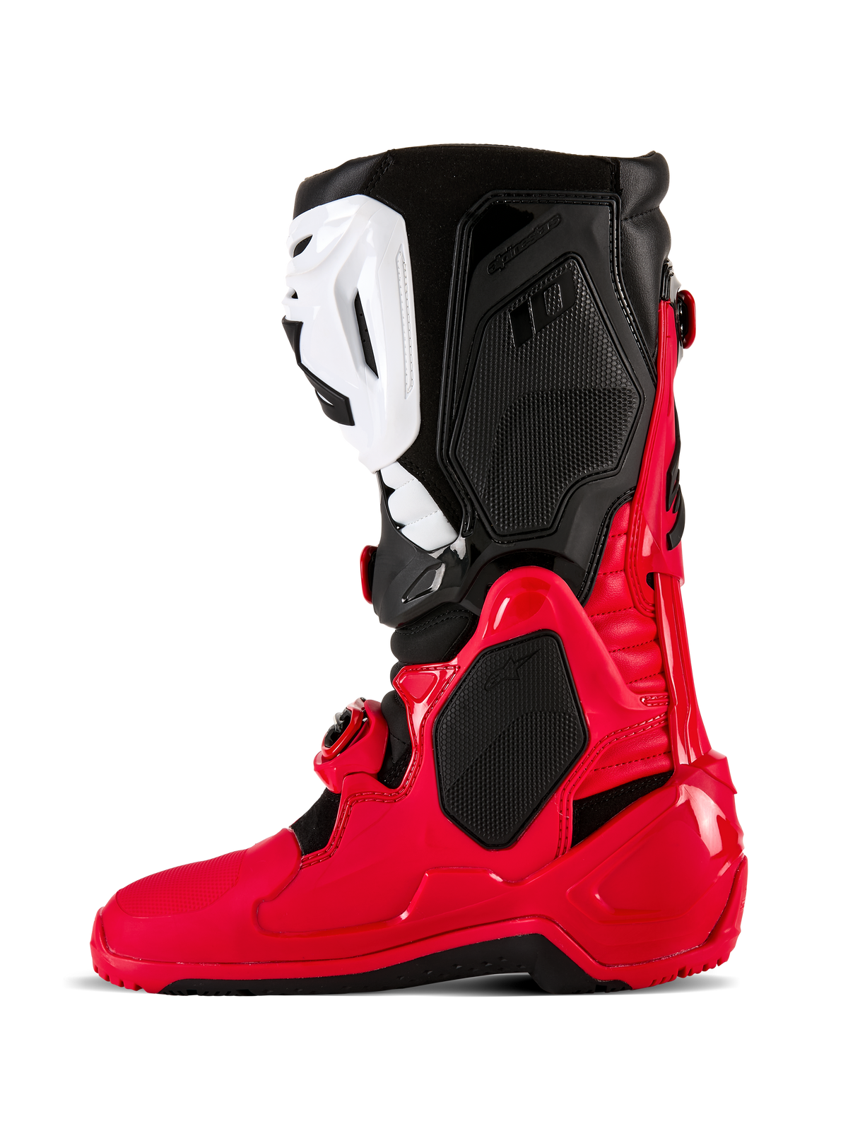 Alpinestars Tech 10 Enduro Boots, Motocross and Enduro Boots, Bright Red Black and White, side profile view featuring a durable TPU shell, white shin plate, and black upper panels, designed for off-road performance.