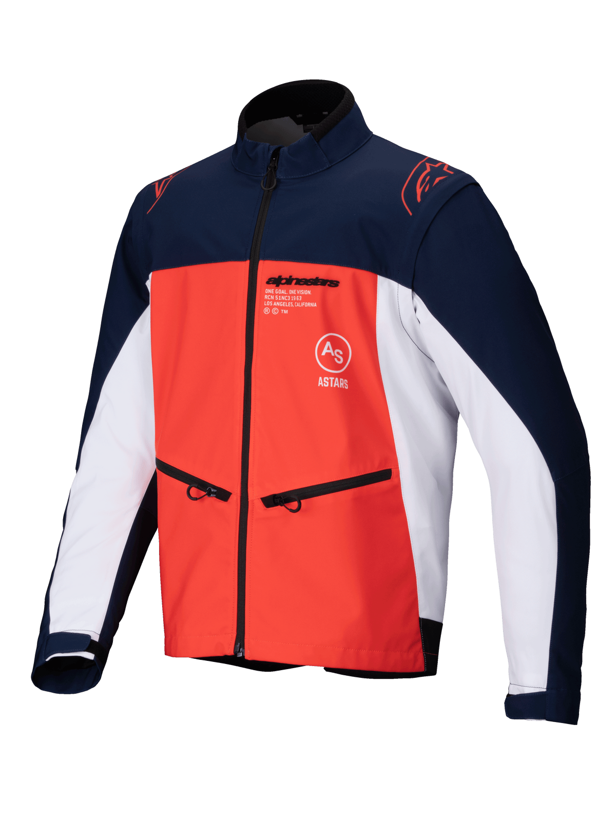 Alpinestars Lite-Dura Softshell-Jacke, Navy, Hot Orange und Weiß, Frontansicht einer technischen Offroad-Jacke mit Reißverschlusstaschen, Brust-Logos und strapazierfähigem Stretch-Material für Enduro-Fahrten.