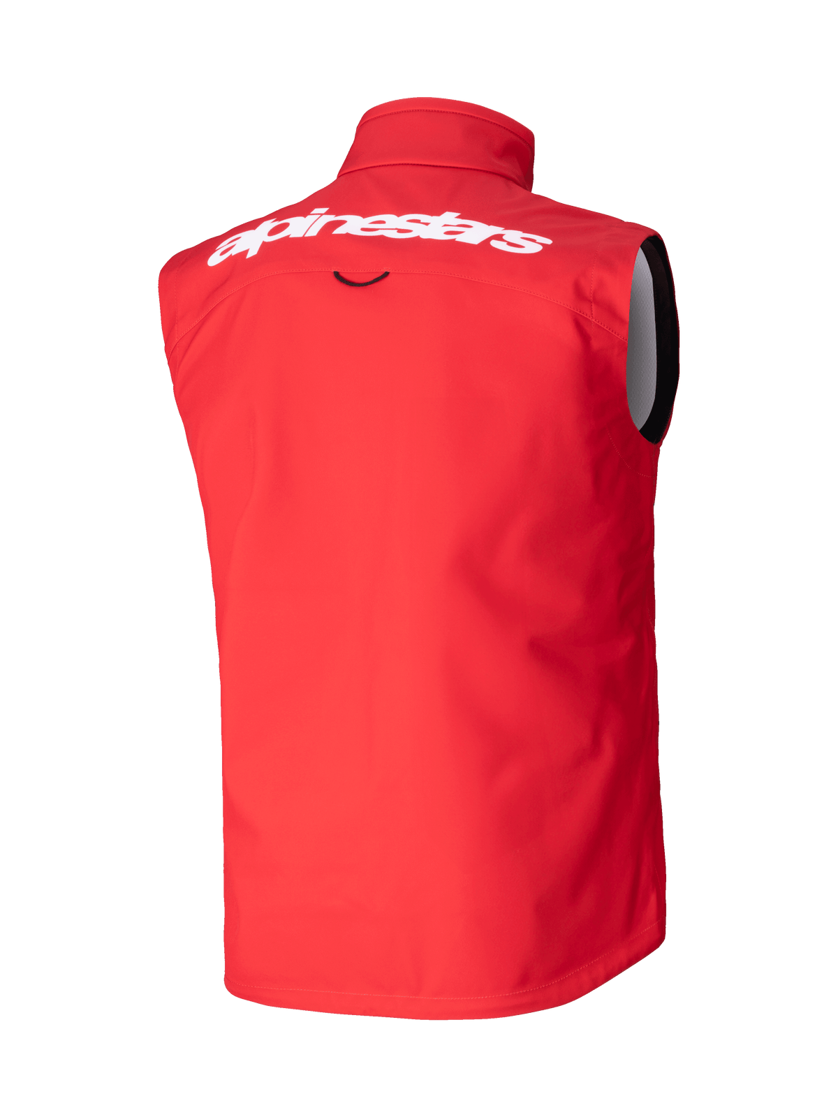 Alpinestars Techstar Softshell-Weste, Motocross-Weste, Leuchtendes Rot, Rückansicht mit weißem Alpinestars-Schriftzug auf dem oberen Rücken, winddichtes Stretch-Softshell-Material, ergonomisches ärmelloses Design für den Offroad-Einsatz