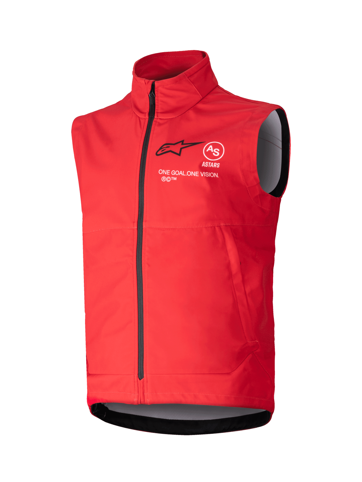 Alpinestars Techstar Softshell-Weste, leuchtend rote ärmellose winddichte Weste, hoher Kragen mit schwarzem Frontreißverschluss, weiß-schwarzes ASTARS-Branding mit „ONE GOAL ONE VISION“-Motto auf der Brust, graues Innenfutter, sportliches Design für Motocross