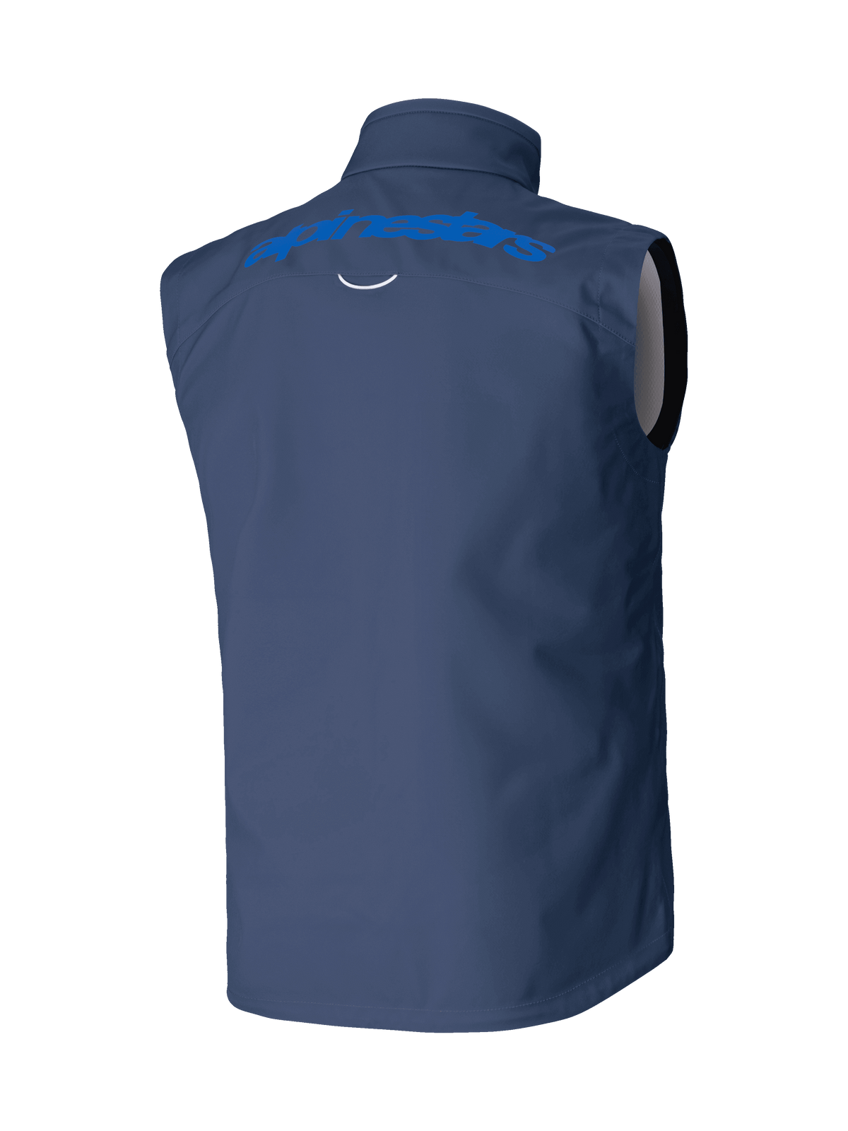Alpinestars Techstar Softshell-Weste, Marineblau, Rückansicht mit hellblauem Alpinestars-Schriftzug über den Schultern, winddichte Stretch-Softshell-Konstruktion für Motocross und Offroad-Fahrten.