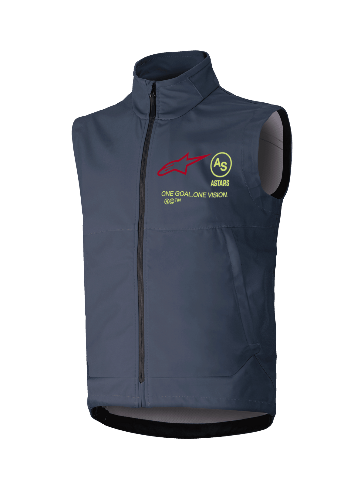 Alpinestars Techstar Softshell-Weste, Motocross-Weste, Dunkelgrau, Stehkragen mit durchgehendem Frontreißverschluss, rotes Stern-Logo, gelbes kreisförmiges AS-Emblem, „ASTARS“-Schriftzug und „ONE GOAL ONE VISION“-Slogan auf der Brust, winddichte Offroad-Bekleidungsschicht
