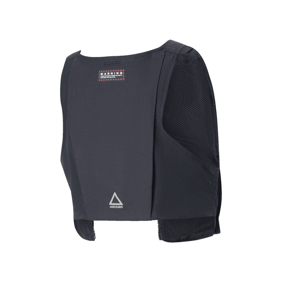 Alpinestars Techdura Tactical Vest, rear view, black durable textile with mesh side panels, featuring a red warning label and silver Astars triangle logo on the lower back, modular storage pack for enduro riding