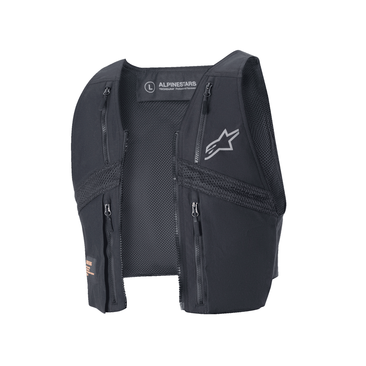 Alpinestars Techdura Tactical Vest, black detachable vest component for the Techdura Jacket, featuring four front zippered pockets, breathable mesh panels, and silver Alpinestars logo, modular gear for enduro and off-road riding.