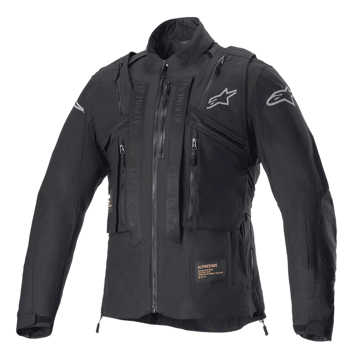 Alpinestars Techdura Jacke, Black Reflex, Offroad-Motorradjacke mit integrierter taktischer Weste, Frontansicht, mit mehreren Funktionstaschen, robuster Textilkonstruktion und silbernen Alpinestars-Logos, konzipiert für Enduro-Fahrten.
