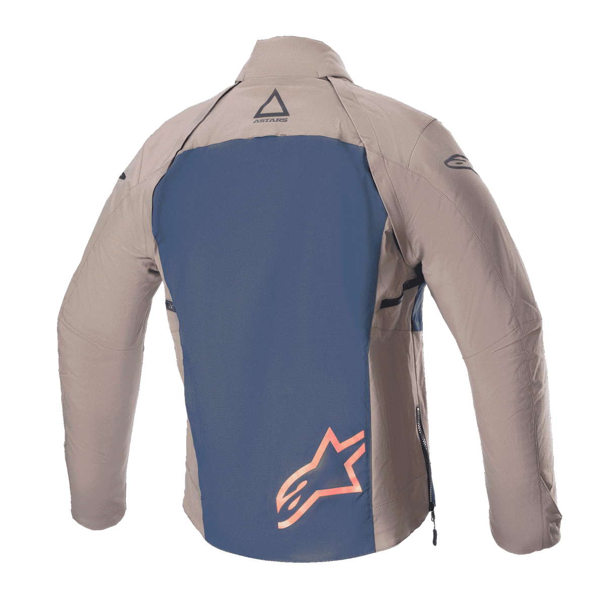 Alpinestars Techdura Jacket, Rear View, Falcon Brown and Night Navy, featuring a navy blue back panel with a large orange star logo, brown textile sleeves and shoulders, durable stretch polyamide construction for enduro and off-road riding
