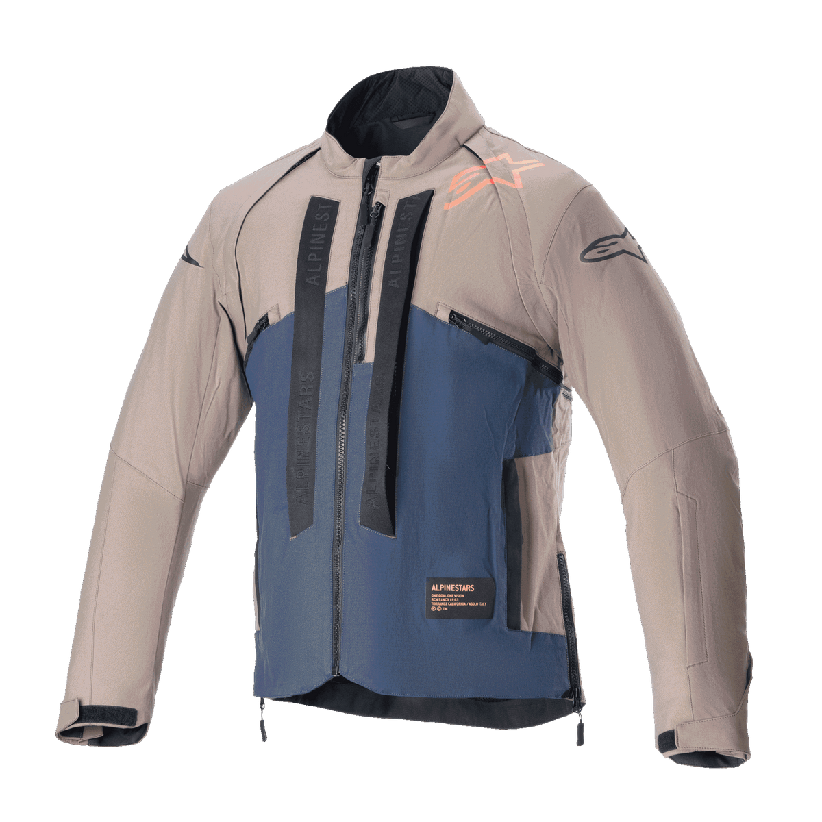 Alpinestars Techdura Jacket, Off-Road Motorcycle Jacket, Falcon Brown and Night Navy, front view, two-tone construction with vertical black Alpinestars branding, orange shoulder logo, high collar, and front zipper, technical apparel for enduro and adventure riding.