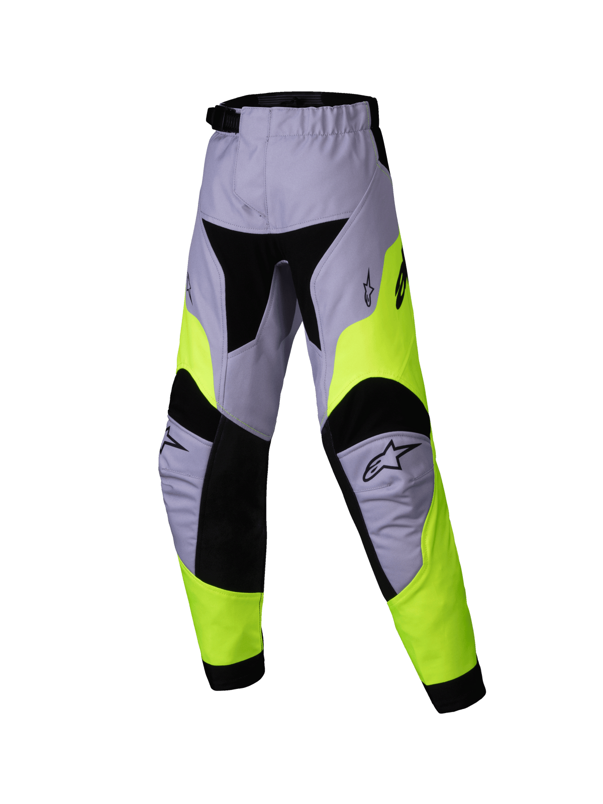 Alpinestars 2025 Kids Racer Veil Pants, Youth Motocross Pants, Gray and Yellow Fluo, technical multi-panel design with black accents, Alpinestars star logos on knees, durable textile for off-road racing