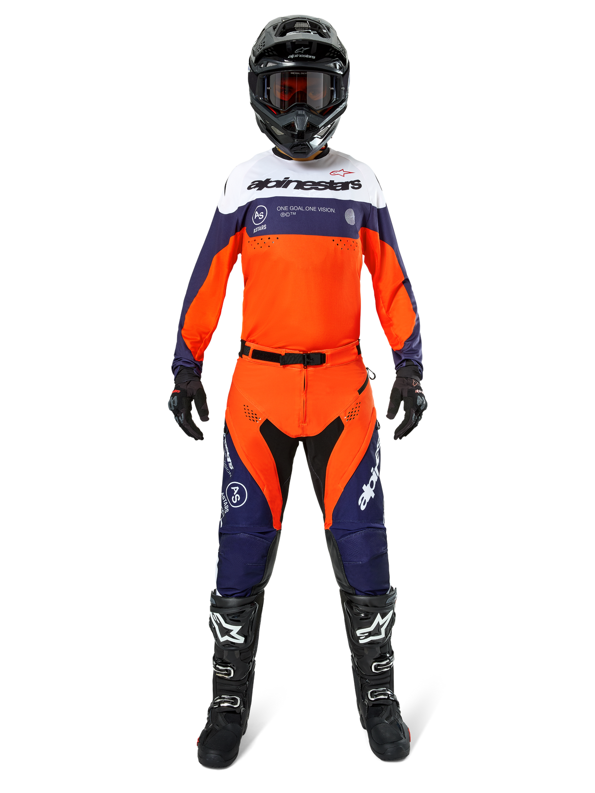 Motocross rider wearing Alpinestars Pro-Dura Pants in Navy Hot Orange White, featuring a matching long-sleeve jersey, black helmet with goggles, black gloves, and black motocross boots, complete off-road racing gear.
