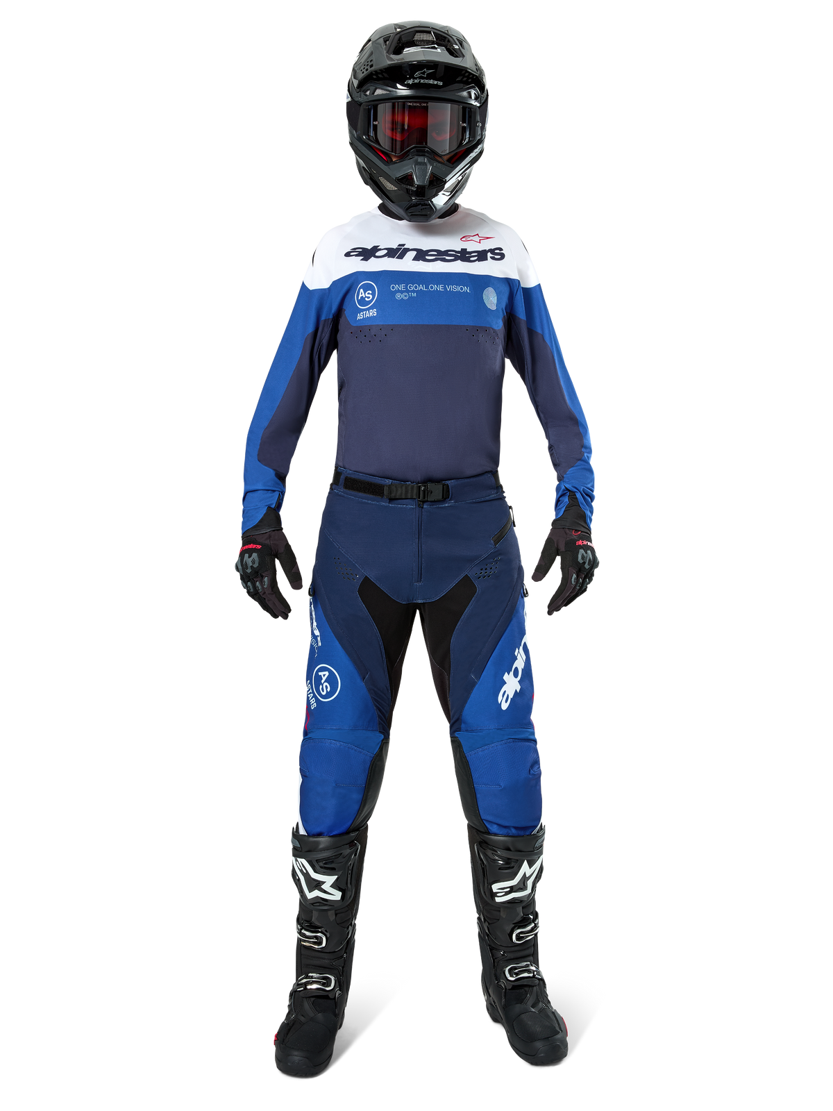 Alpinestars Pro-Dura Hose, Motocross- und Enduro-Hose, Navy, Bright Blue und Weiß, getragen von einem Fahrer in einer kompletten Rennausrüstung mit passendem Trikot, schwarzem Helm, roter Brille und schwarzen Stiefeln, professionelles Offroad-Ausrüstungs-Setup