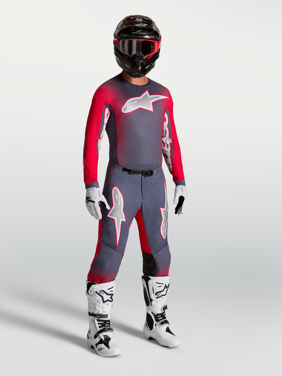 Alpinestars Supertech Hiten AFD Hose und Ausrüstungsset, Motocross-Rennausrüstung für Herren, Grau und Fluo-Rot.