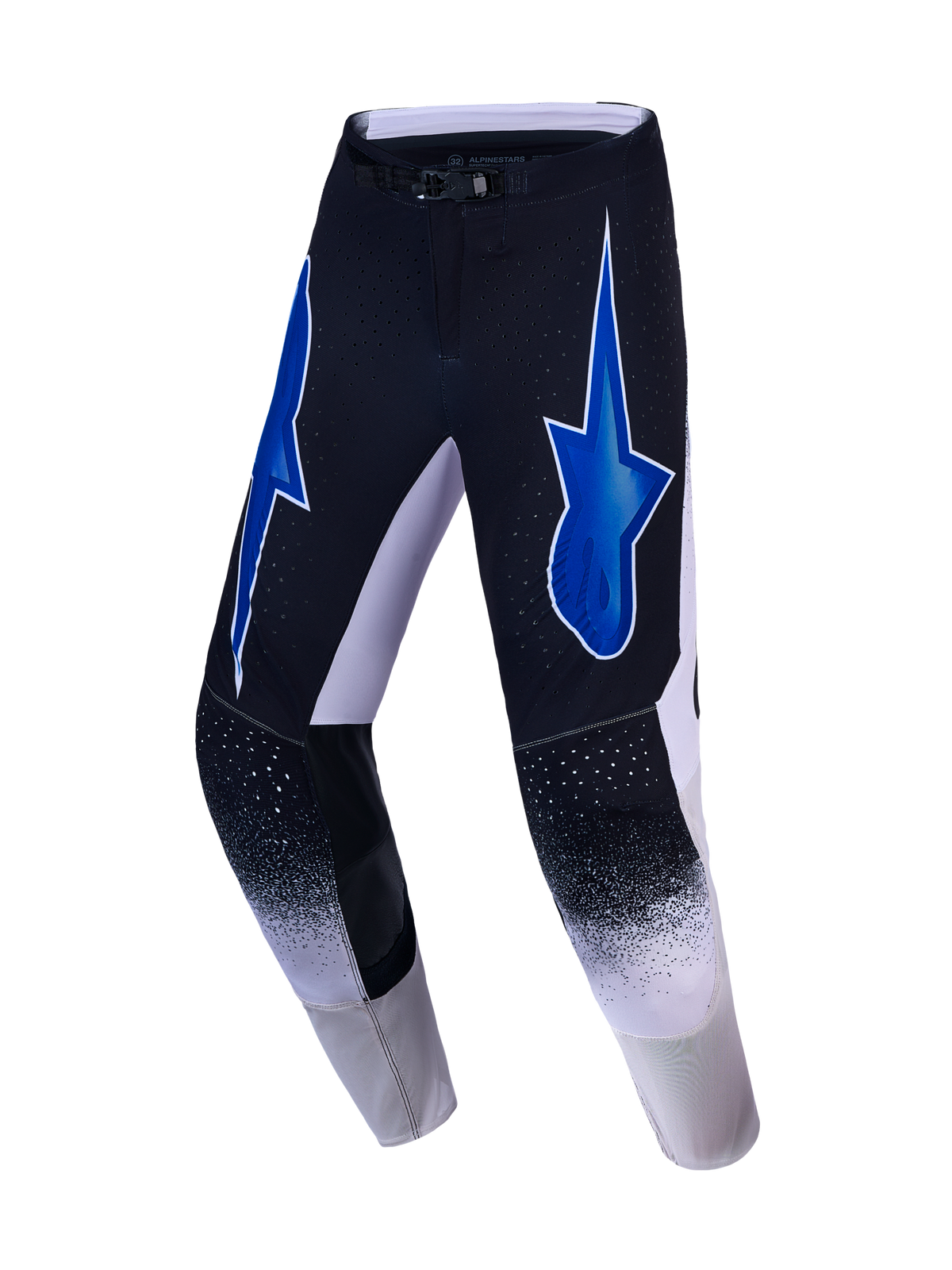 Alpinestars Supertech Hiten AFD Motocross-Hose in Schwarz und Weiß mit blauen Sterngrafiken und Performance-Belüftung.