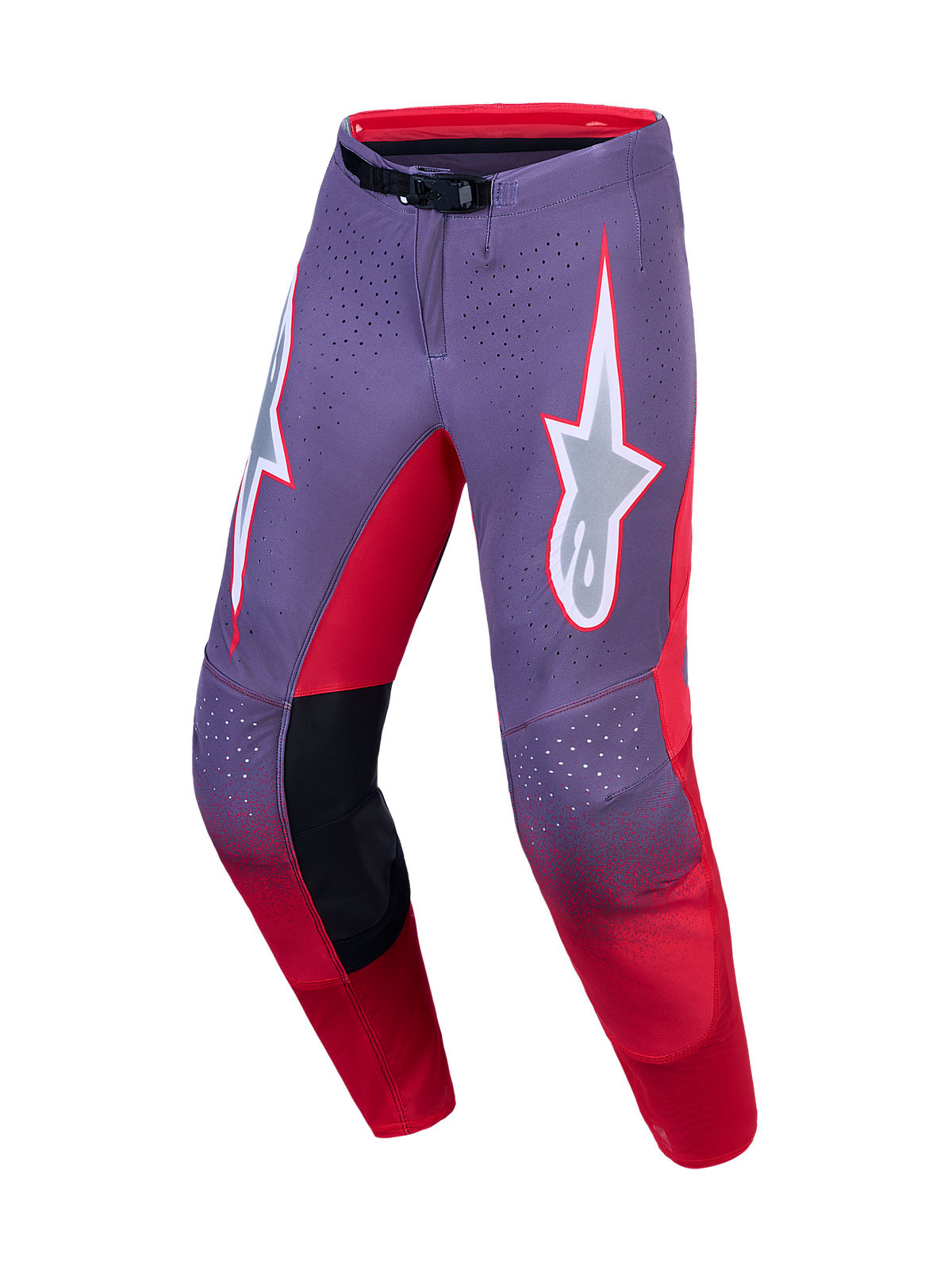 Alpinestars Supertech Hiten AFD Motocross-Hose, Lila und Rot, professionelle Motocross-Ausrüstung mit Laser-cut-Belüftung, präzise Rennpassform.