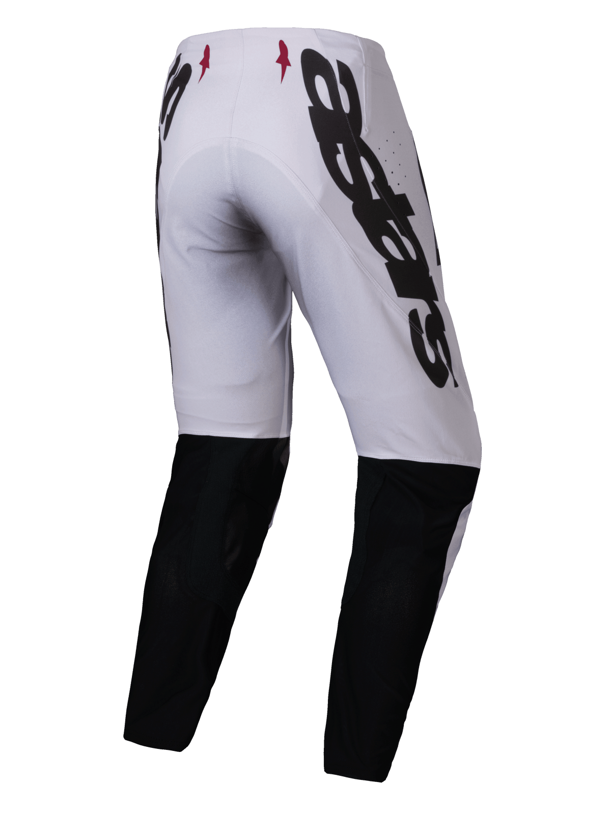 Alpinestars 2025 Supertech Maker Pants, Motocross Pants, Silver and Black, rear view featuring large black Alpinestars branding on the side, black lower leg panels, and small red star logos on the waistband, designed for professional off-road performance.