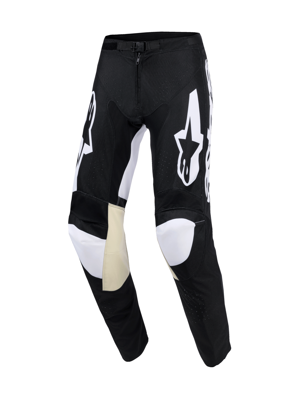 Alpinestars 2026 Racer Air Riway Hose, Motocross-Hose, Schwarz und Weiß, mit weißen Astars-Logos an den Oberschenkeln, beigefarbenen Leder-Innenknie-Einsätzen, lasergeschnittenen Perforationen für optimale Belüftung und ergonomisch vorgeformtem Design.