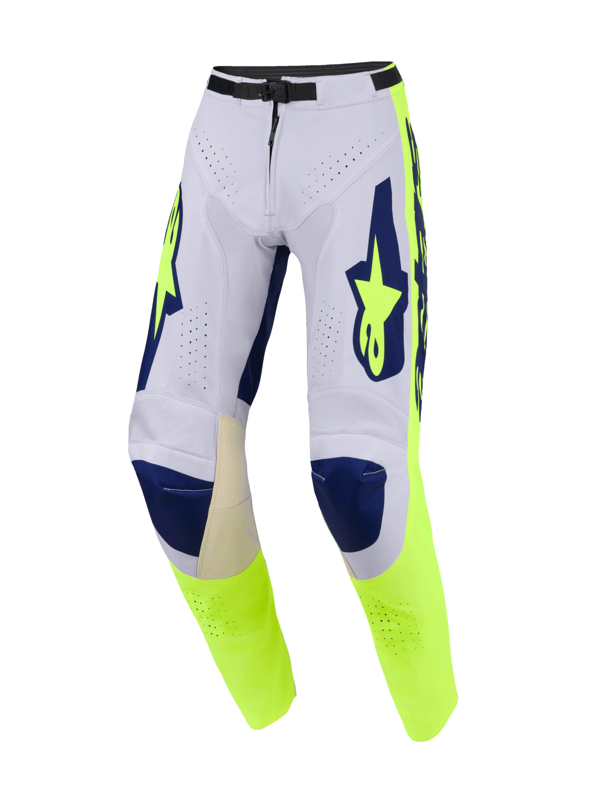 Alpinestars 2026 Racer Air Riway Hose, Motocross-Hose, Hellgrau, Fluo-Gelb und Blau, mit umfangreichen Perforationen für optimale Belüftung, dunkelblauen Kniepartien und fluoreszierend gelben Seitenpaneelen mit markantem Branding, Performance-Offroad-Design.