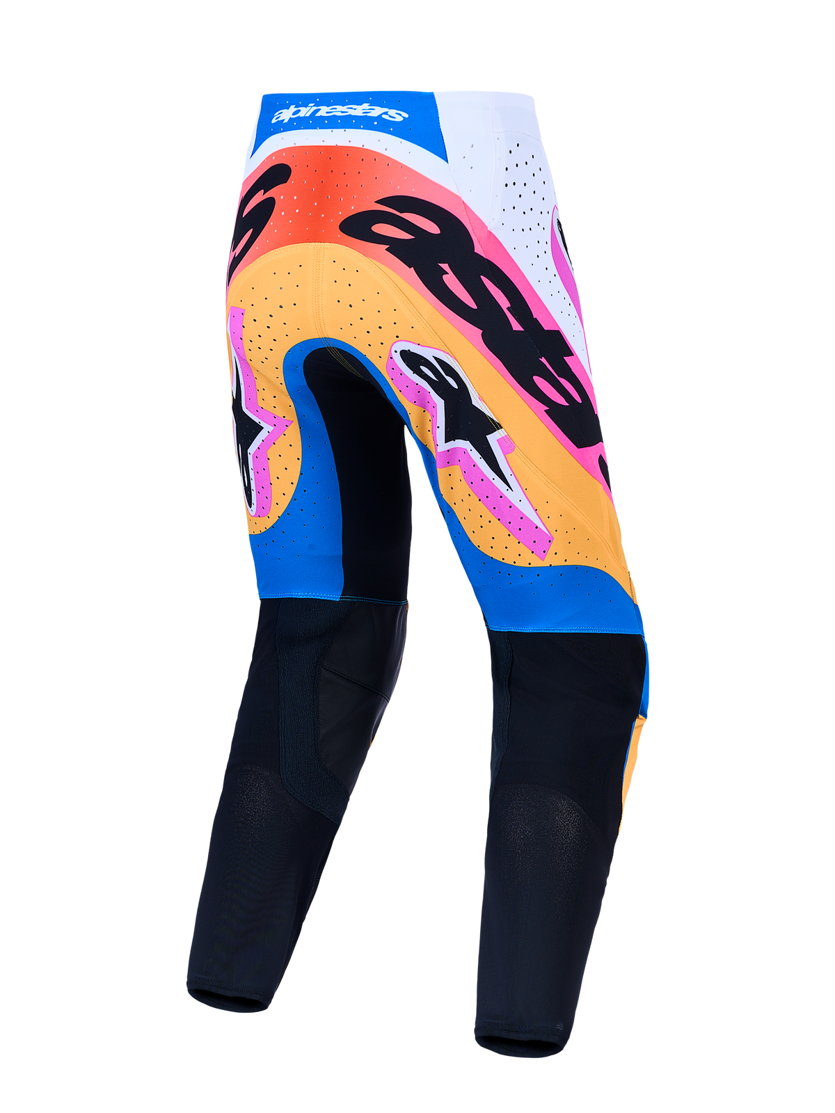 Men's Alpinestars Supertech Dyna Motocross Pants in blue and orange, rear view with perforated panels and athletic race fit.