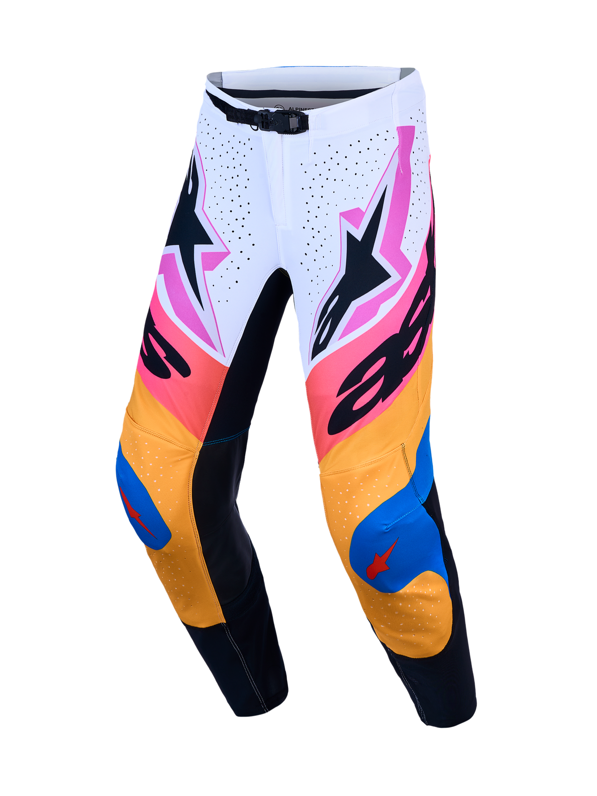 Alpinestars Supertech Dyna Pants, Motocross Racing, Men's, White and Blue with vibrant graphics, lightweight stretch ripstop.