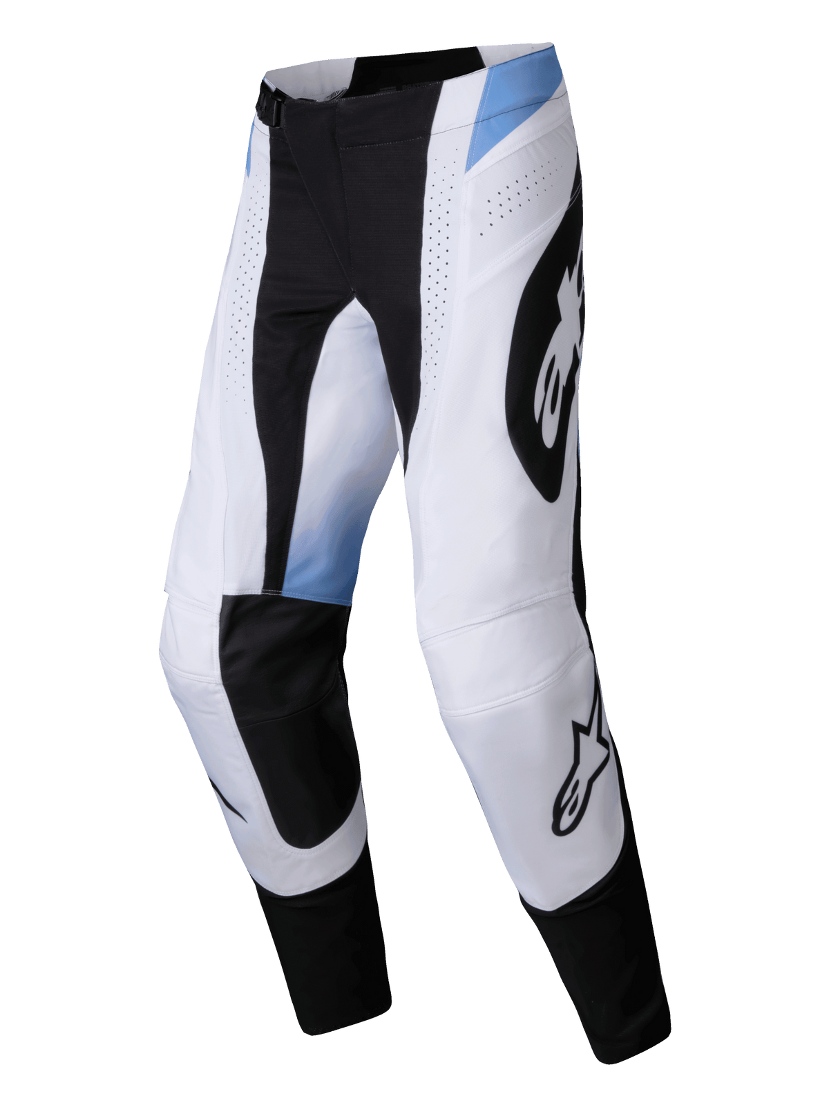 Alpinestars 2025 Techstar Melt Hose, Motocross-Hose, Weiß und Schwarz mit hellblauen Akzenten, große schwarze Alpinestars-Logos, lasergeschnittene Belüftungsöffnungen, strapazierfähige athletische Passform für Offroad-Rennsport