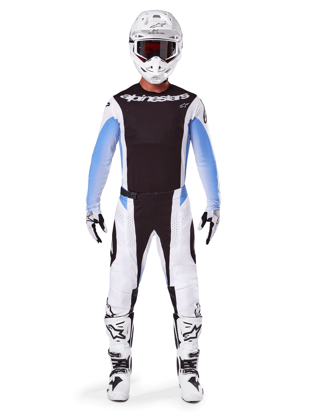 Motocross-Fahrer in Alpinestars 2025 Techstar Melt Hose, Motocross-Hose, Schwarz und Blau, weiß-schwarzes Multi-Panel-Design mit blauen Hüftakzenten, getragen mit passendem weißem Trikot, weißem Helm, weißen Handschuhen und Stiefeln für eine komplette Offroad-Rennausrüstung