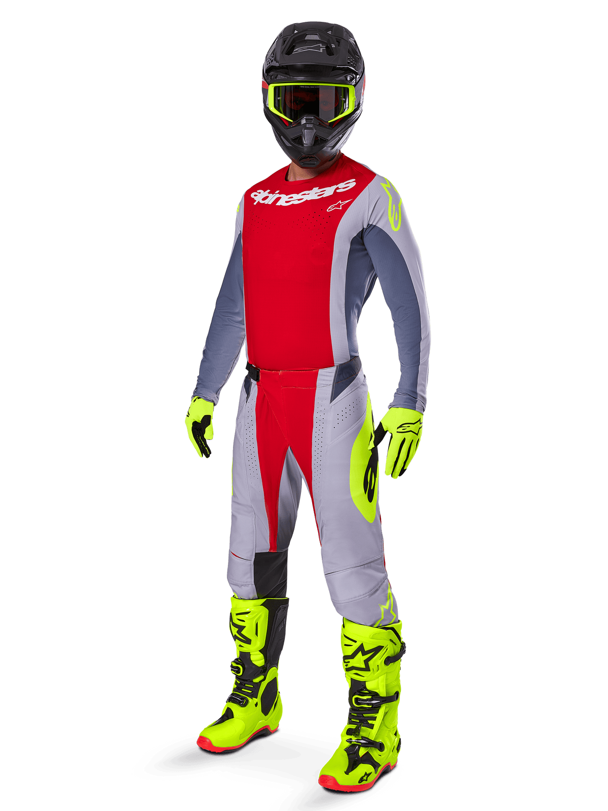 Motocross rider wearing complete racing gear, Red and Gray jersey with Alpinestars branding, 2025 Techstar Melt Pants in Bright Red and Gray with neon yellow accents, bright yellow boots and gloves, black helmet with neon yellow goggles, coordinated outfit for off-road performance.