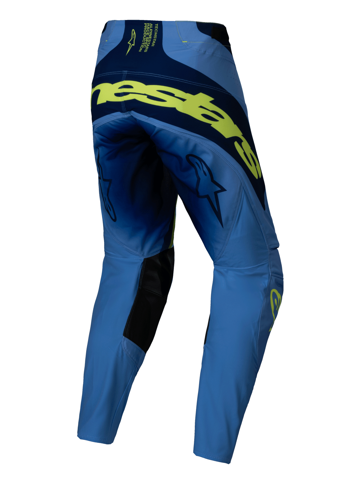 Alpinestars 2025 Techstar Melt Hose, Motocross-Hose, Gelb Fluo Blau, Rückansicht mit großem neongelbem Markenschriftzug auf der Rückseite, marineblauen Einsätzen, Stern-Logos auf den Oberschenkeln und schwarzen Verstärkungen an der Knieinnenseite