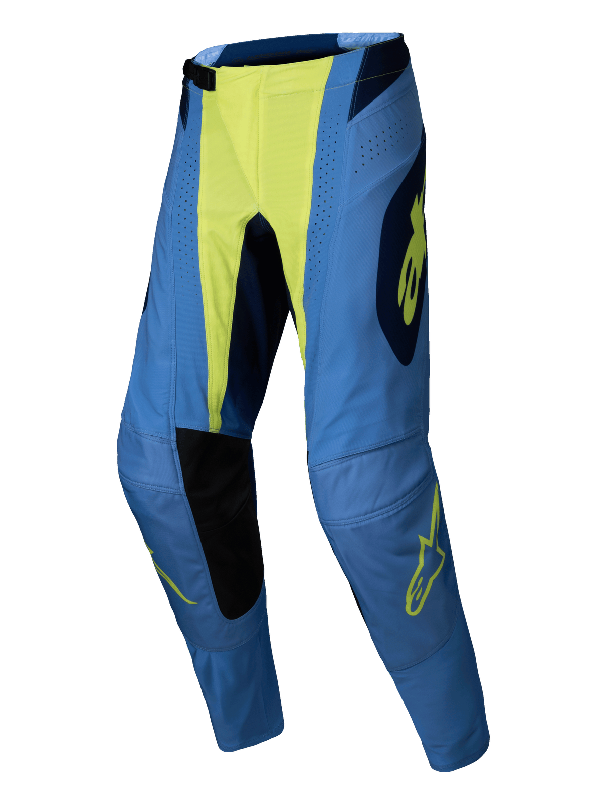 Alpinestars 2025 Techstar Melt Hose, Motocross-Hose, Yellow Fluo Blue, Blau mit neongelber Mitte und Logo-Details, schwarze Knie-Innenpanele, Laser-Perforationen, athletische Race-Passform für Offroad-Performance