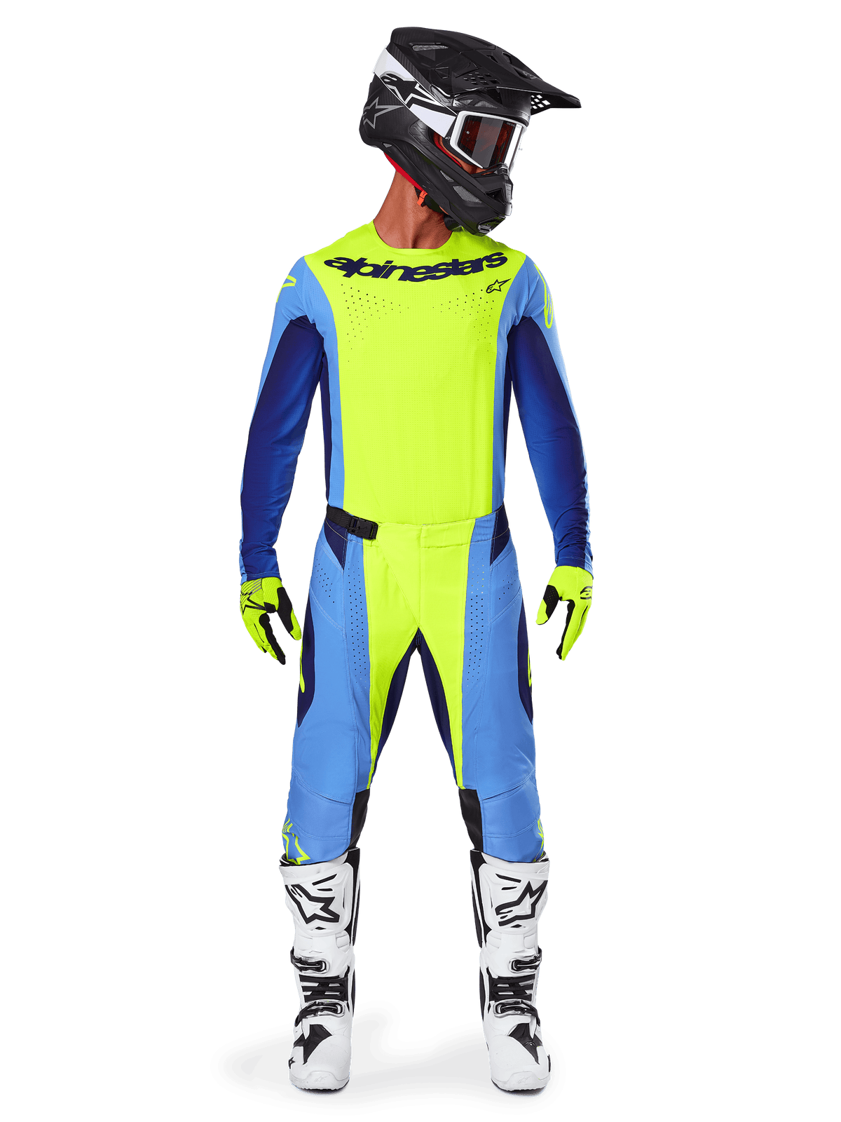 Alpinestars 2025 Techstar Melt Hose, Motocross-Hose, Gelb Fluo Blau, getragen mit passendem Trikot, gelben Handschuhen und weiß-schwarzen Stiefeln, schwarzer Helm mit roter Brille, komplette Rennausrüstung für Offroad-Performance