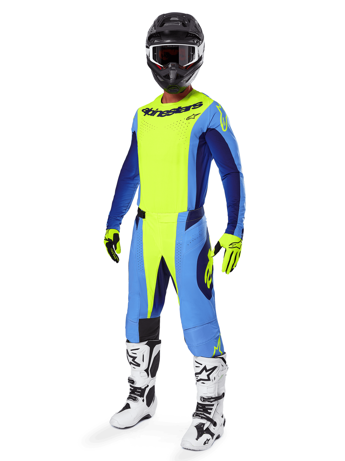 Alpinestars 2025 Techstar Melt Hose, Motocross-Hose, Gelb Fluo und Blau, getragen als Teil eines kompletten Rennausrüstungssets mit passendem Jersey, gelben und schwarzen Handschuhen, weiß-schwarzen Stiefeln und schwarzem Helm mit weißer Brille, abgestimmte Offroad-Performance-Ausrüstung.