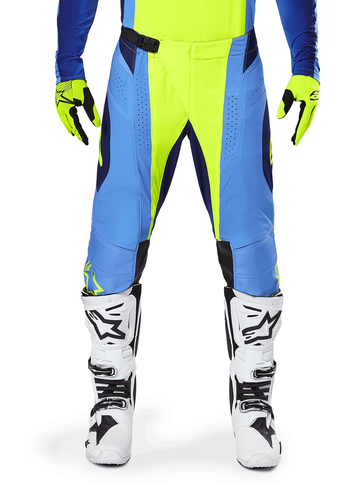 Alpinestars 2025 Techstar Melt Hose, Motocross-Hose, Gelb Fluo Blau, getragen mit passendem Trikot, gelben Handschuhen und weiß-schwarzen Stiefeln, Multi-Panel-Design mit lasergeschnittenen Perforationen und magnetischer Taillenschnalle für professionellen Offroad-Rennsport