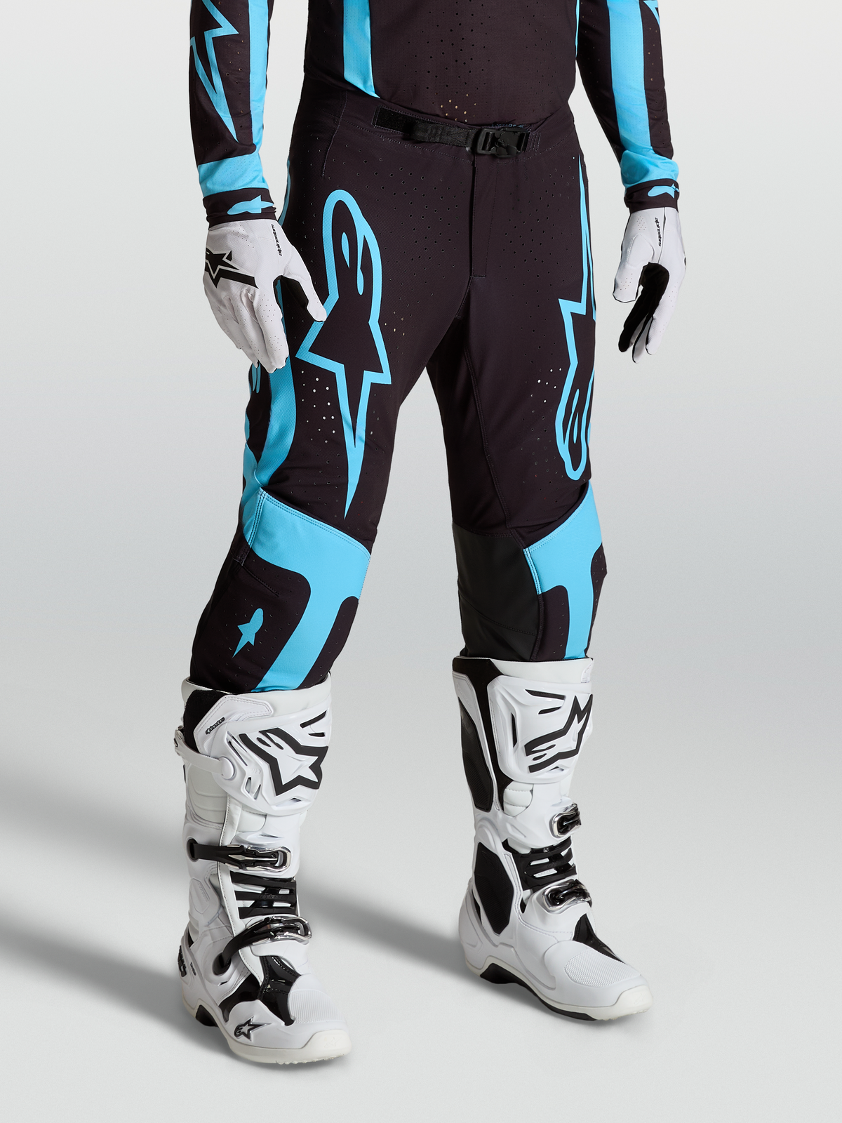 Alpinestars Supertech Vesta Pants, Motocross Racing Pants for Men, Black and Turquoise, Stretch Rip-stop with Goat Leather Knee Panels.