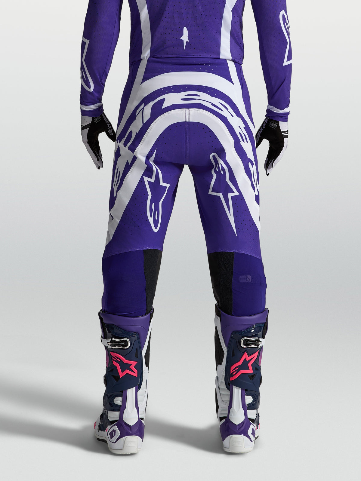 Alpinestars Supertech Vesta Hose, Motocrosshose, Blau und Weiß, Rückansicht mit athletischer Passform und Ripstop-Gewebe.