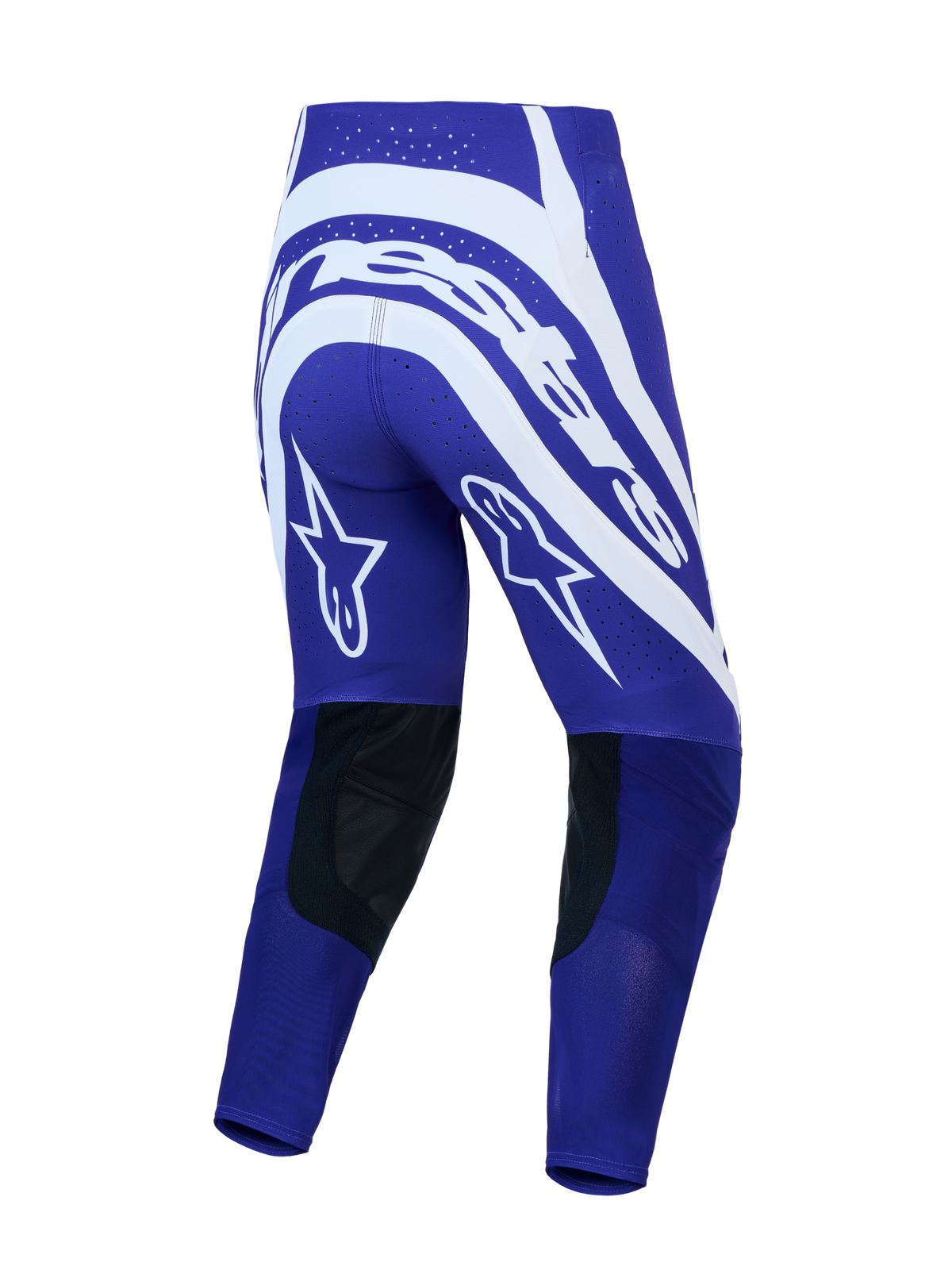Alpinestars Supertech Vesta Hose, Herren-Motocross-Hose, Blau-Weiß, Rückansicht mit Stern-Grafiken und Leder-Knieeinsätzen.
