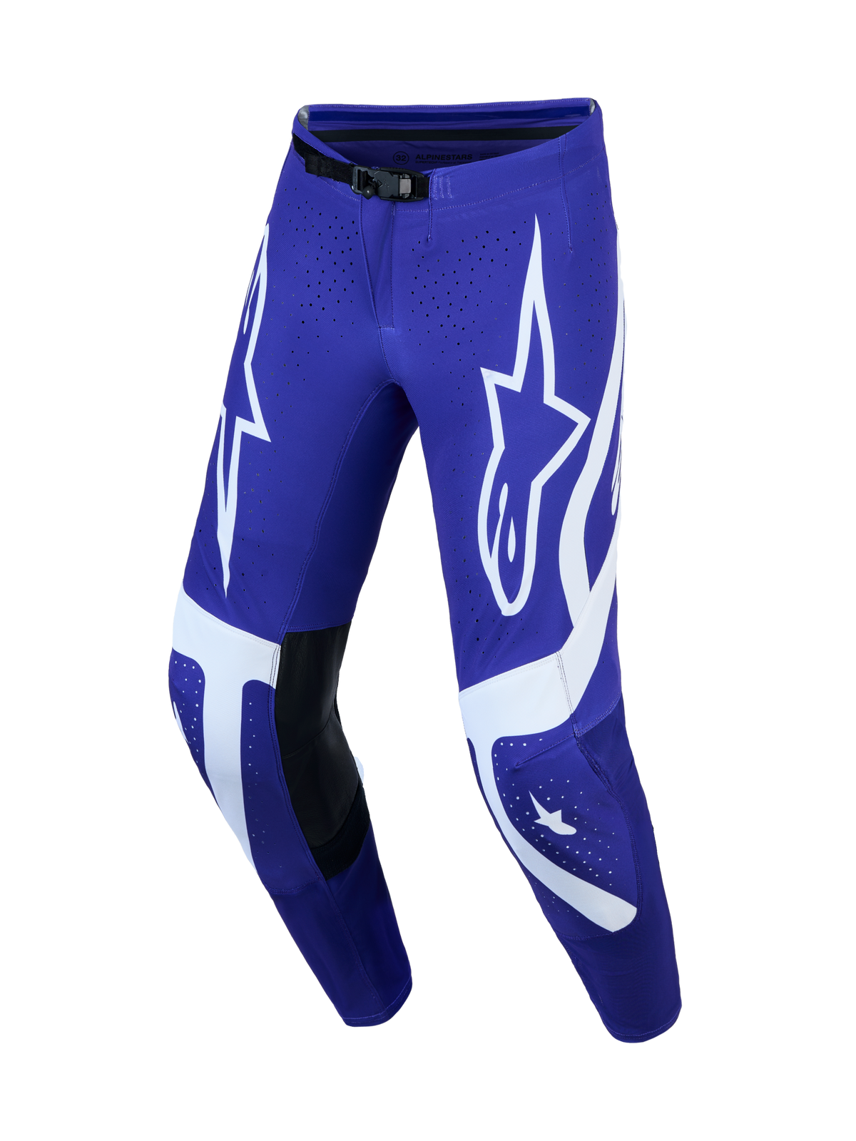 Alpinestars Supertech Vesta Motocrosshose für Herren, Dunkelblau und Weiß, mit Lederkniepanels und Sterngrafiken.