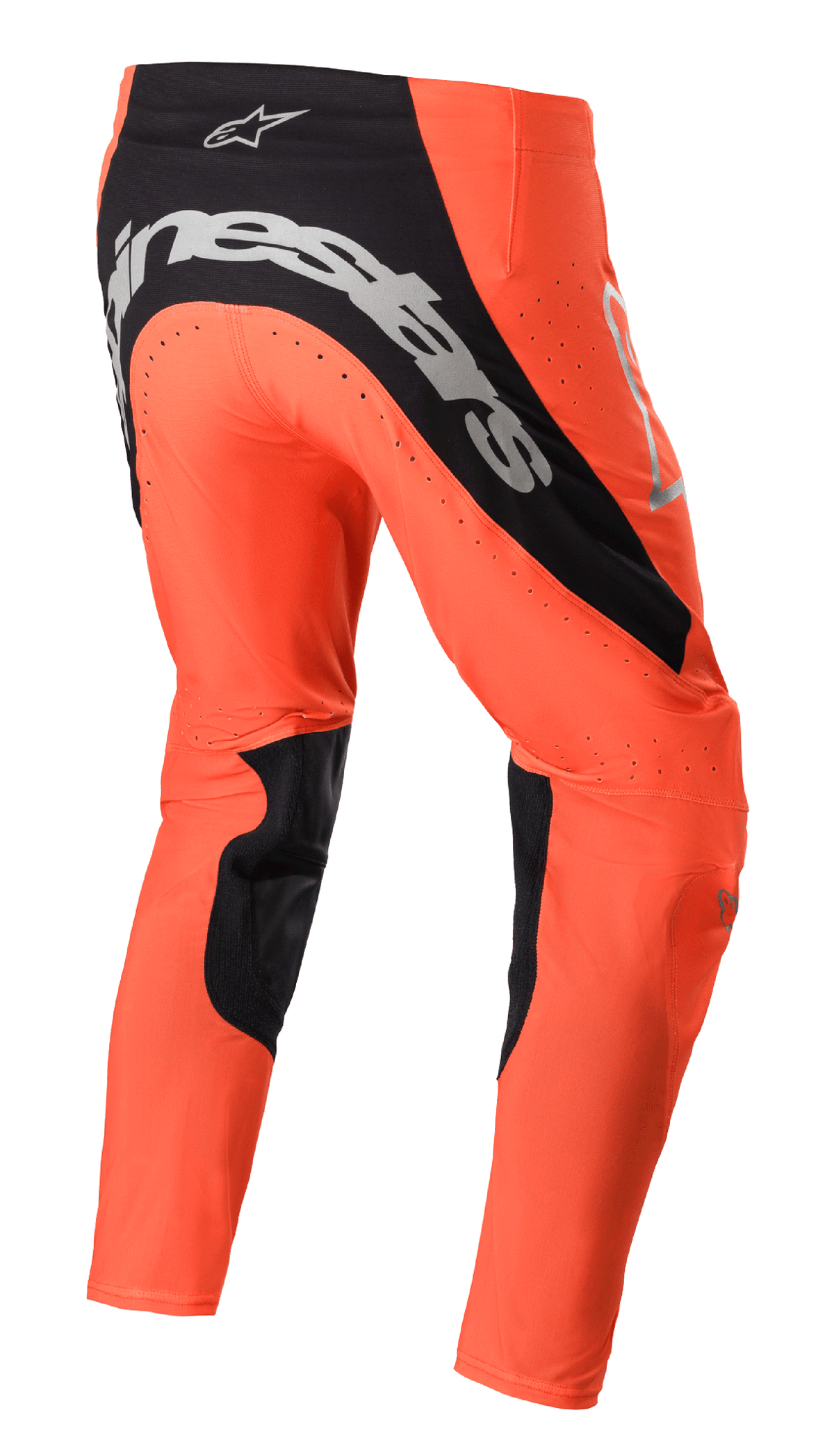Alpinestars 2023 Supertech Risen Pants, Motocross Pants, Hot Orange and Black, rear view featuring bold silver branding on the seat, black inner leg panels, and perforated ventilation zones for off-road racing.