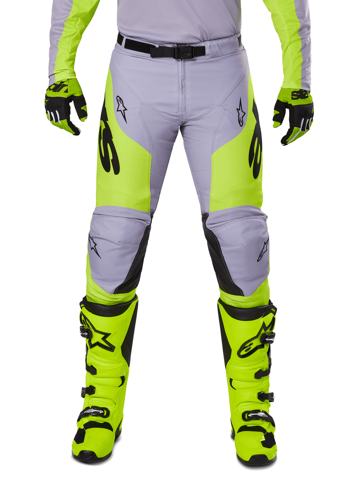 Alpinestars 2025 Racer Veil Pants, Motocross Pants, Gray and Yellow Fluo, worn with matching fluorescent yellow boots and gloves, featuring black Alpinestars logos, ergonomic design for off-road racing