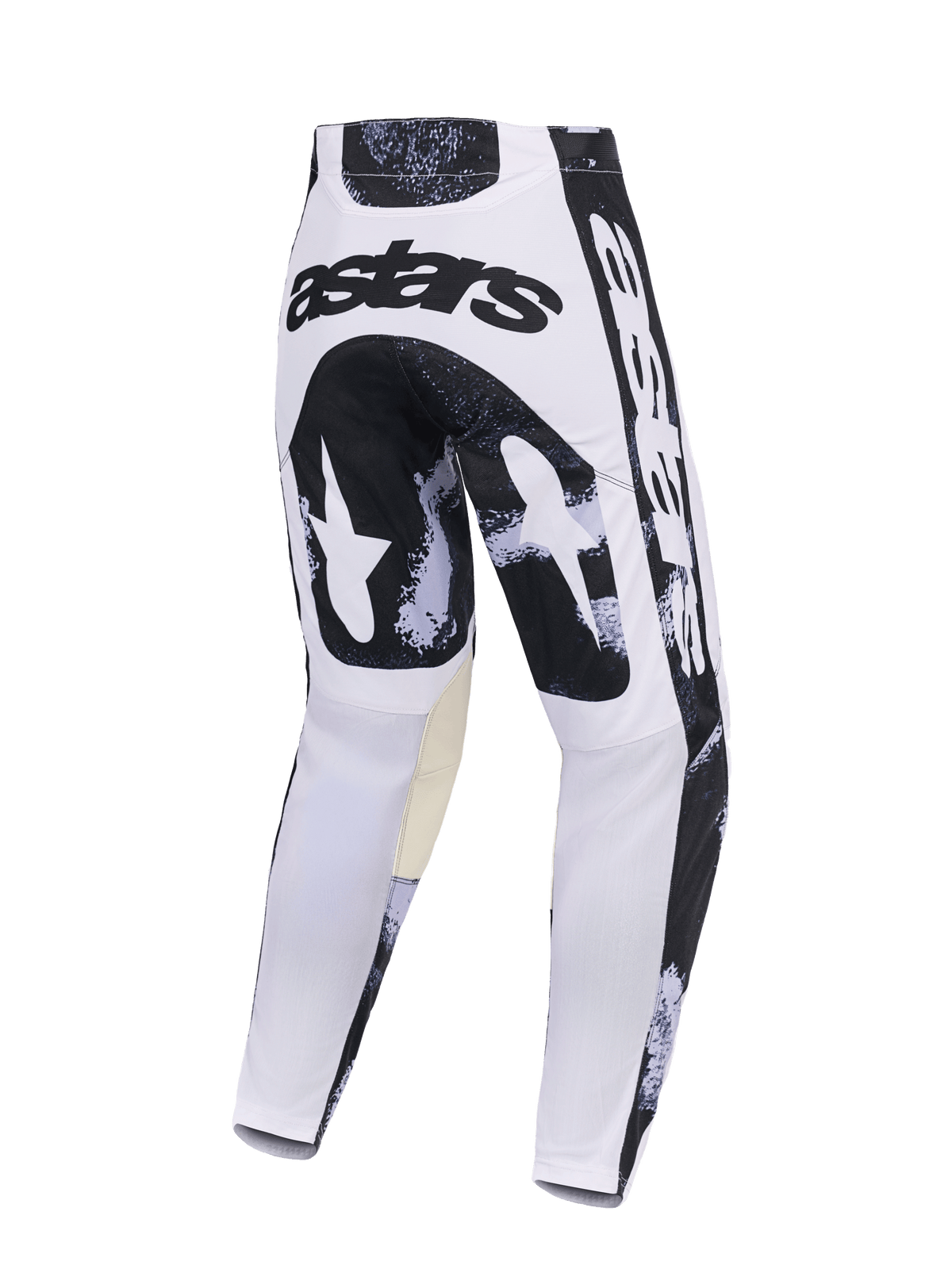 Alpinestars 2026 Racer Lahnd Hose, Motocross-Hose, Iron Camo, Rückansicht mit weiß-schwarzem Camo-Design, „astars“-Logo am Gesäß, beige Knie-Inneneinsätze, strapazierfähige Polygewebe-Konstruktion für den Offroad-Rennsport