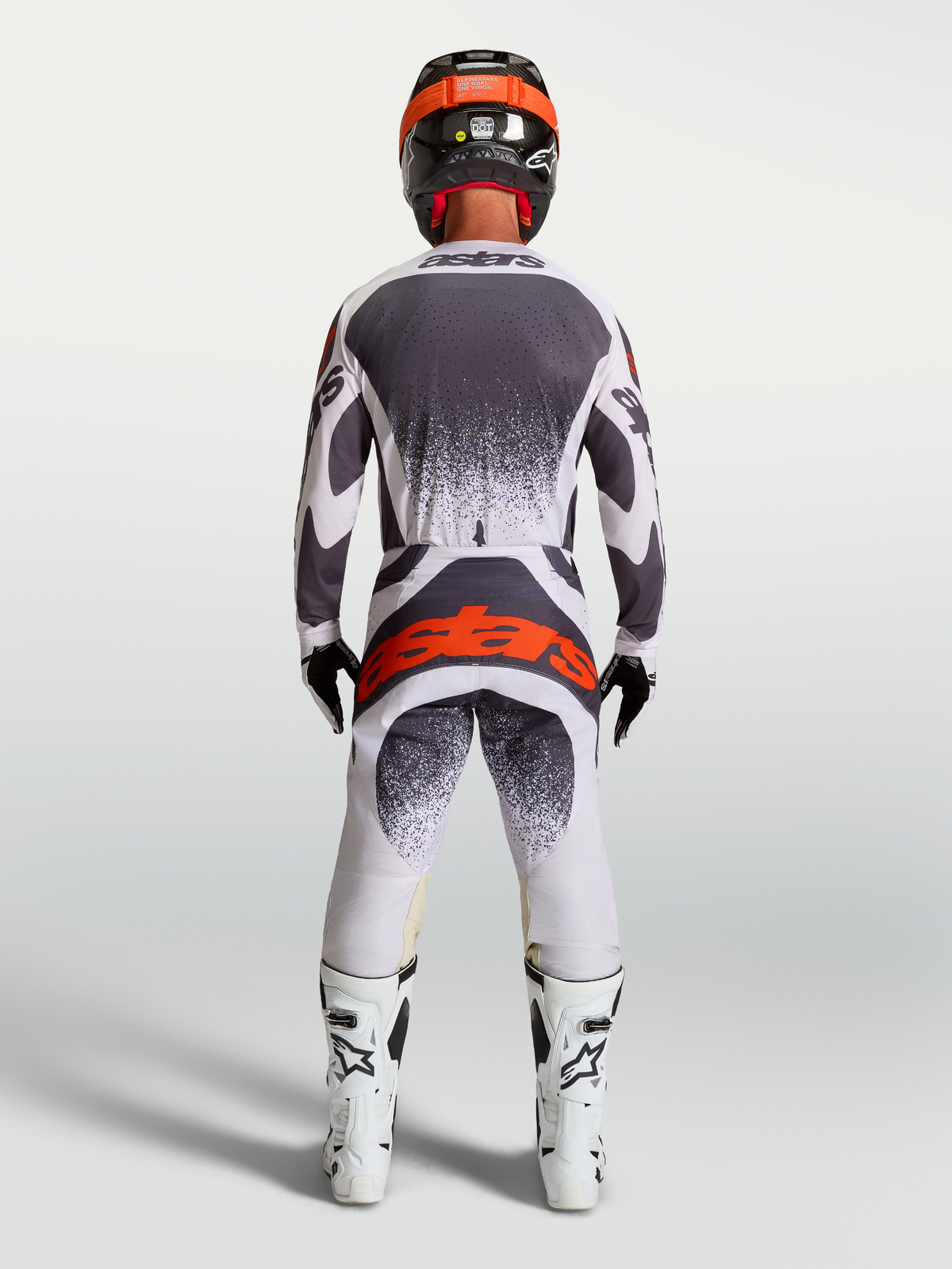 Alpinestars Techstar Swan Pants, Motocross Racing gear for Men, Light Lilac and Dark Gray with Red Fluo, back view.