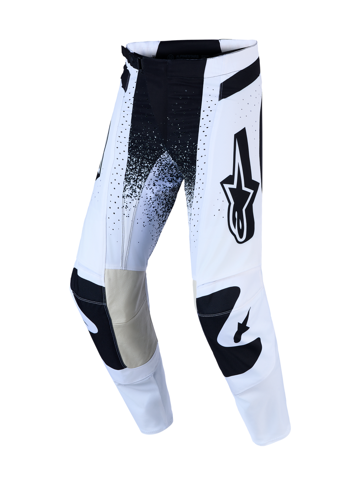 Alpinestars Techstar Swan Hose und Techstar Swan Gear Set, Motocross-Hose in Weiß und Schwarz mit Leder-Knieeinsätzen für maximale Offroad-Beweglichkeit.